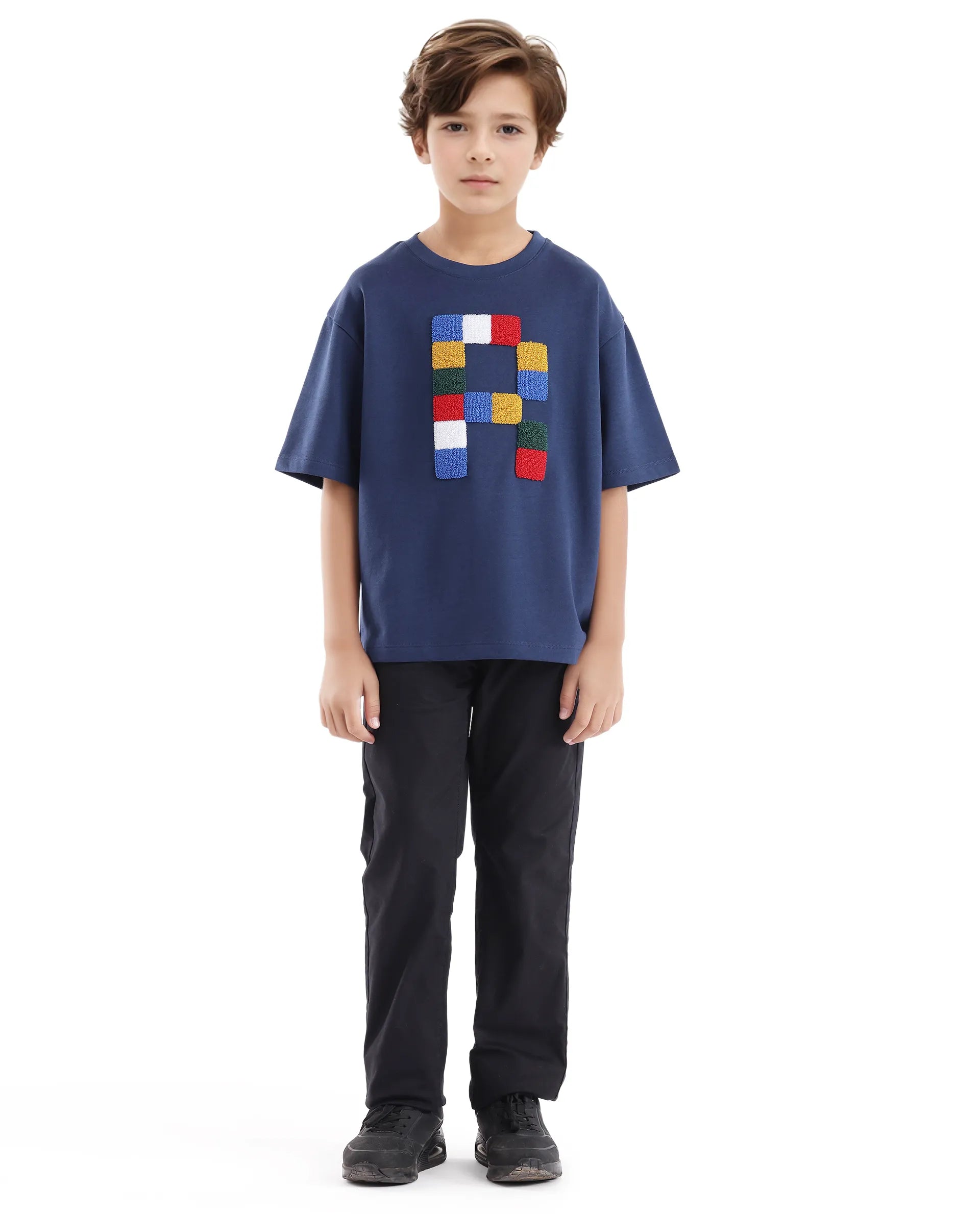 Rare Ones Kids Doe Navy Cotton Poly Short Sleeve Crew Neck Towel Embroidery Boxy T-Shirt