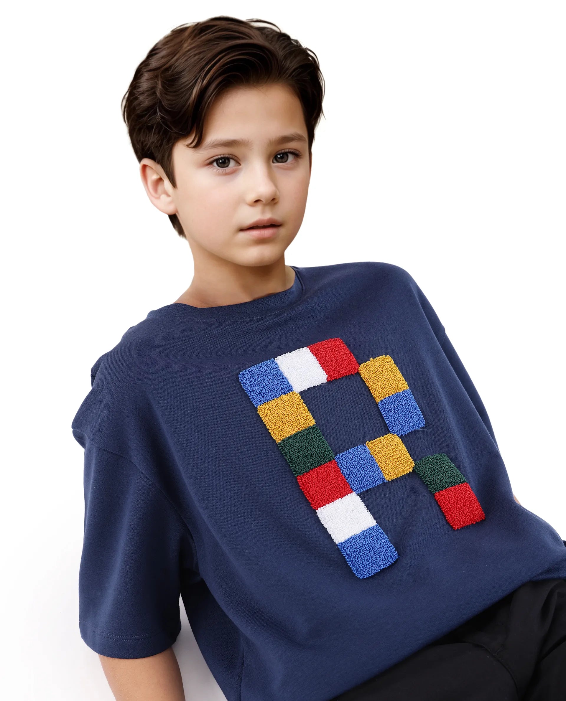 Rare Ones Kids Doe Navy Cotton Poly Short Sleeve Crew Neck Towel Embroidery Boxy T-Shirt