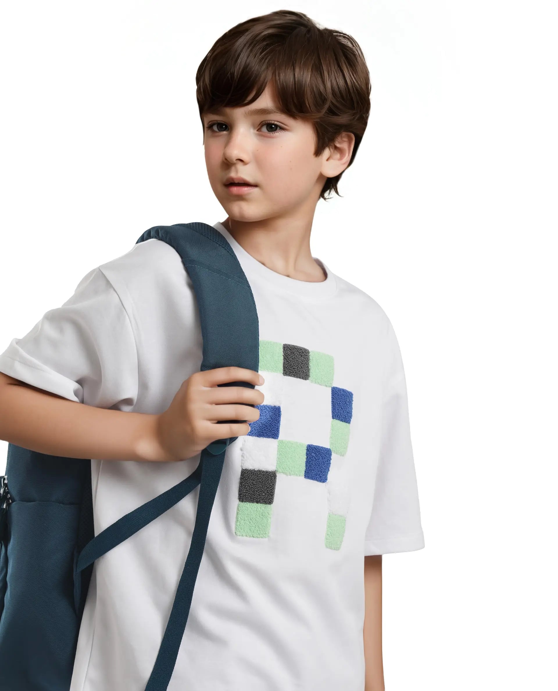 Rare Ones Kids Doe White Cotton Full Sleeves Crew Neck Towel Embroidery Print Oversized Fit T-Shirt