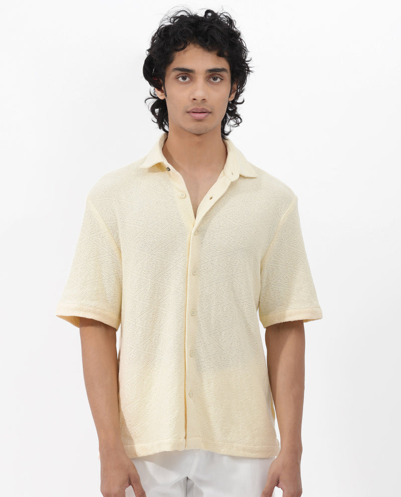 Rare Rabbit Men's Domat Light Yellow Cotton Fabric Half Sleeve Boxy Fit Jacquard Textured Shirt
