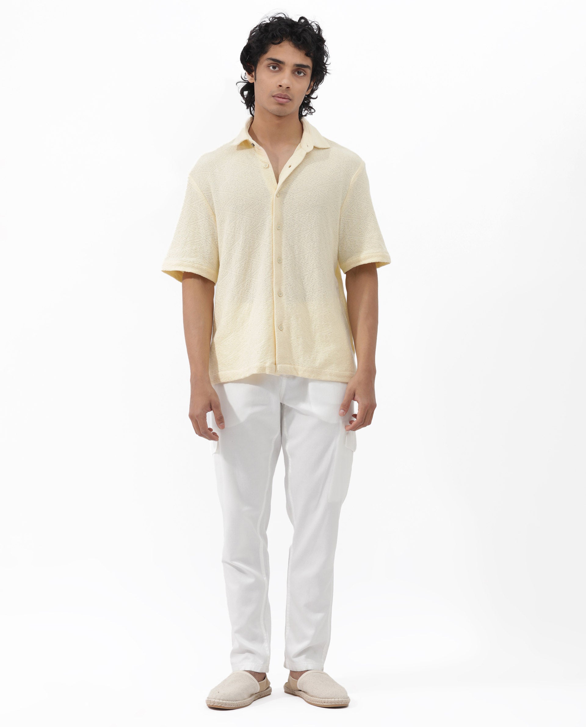 Rare Rabbit Men's Domat Light Yellow Cotton Fabric Half Sleeve Boxy Fit Jacquard Textured Shirt