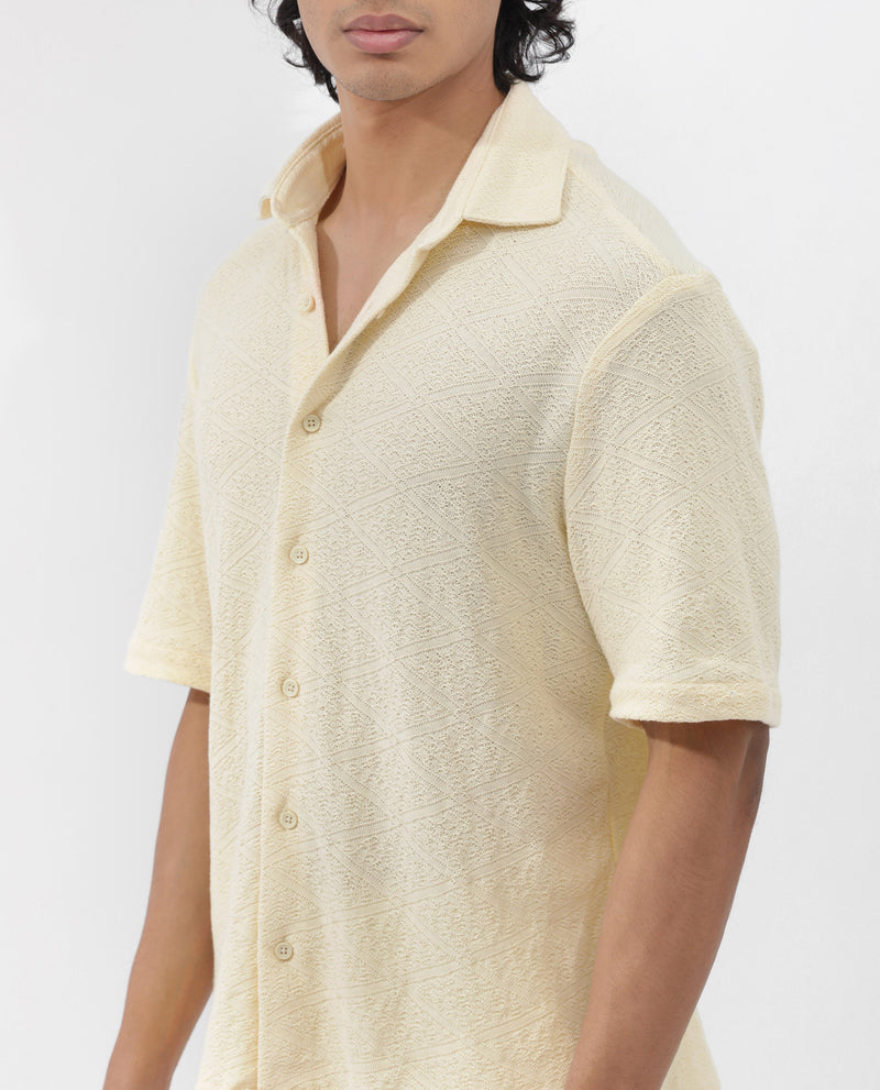 Rare Rabbit Men's Domat Light Yellow Cotton Fabric Half Sleeve Boxy Fit Jacquard Textured Shirt