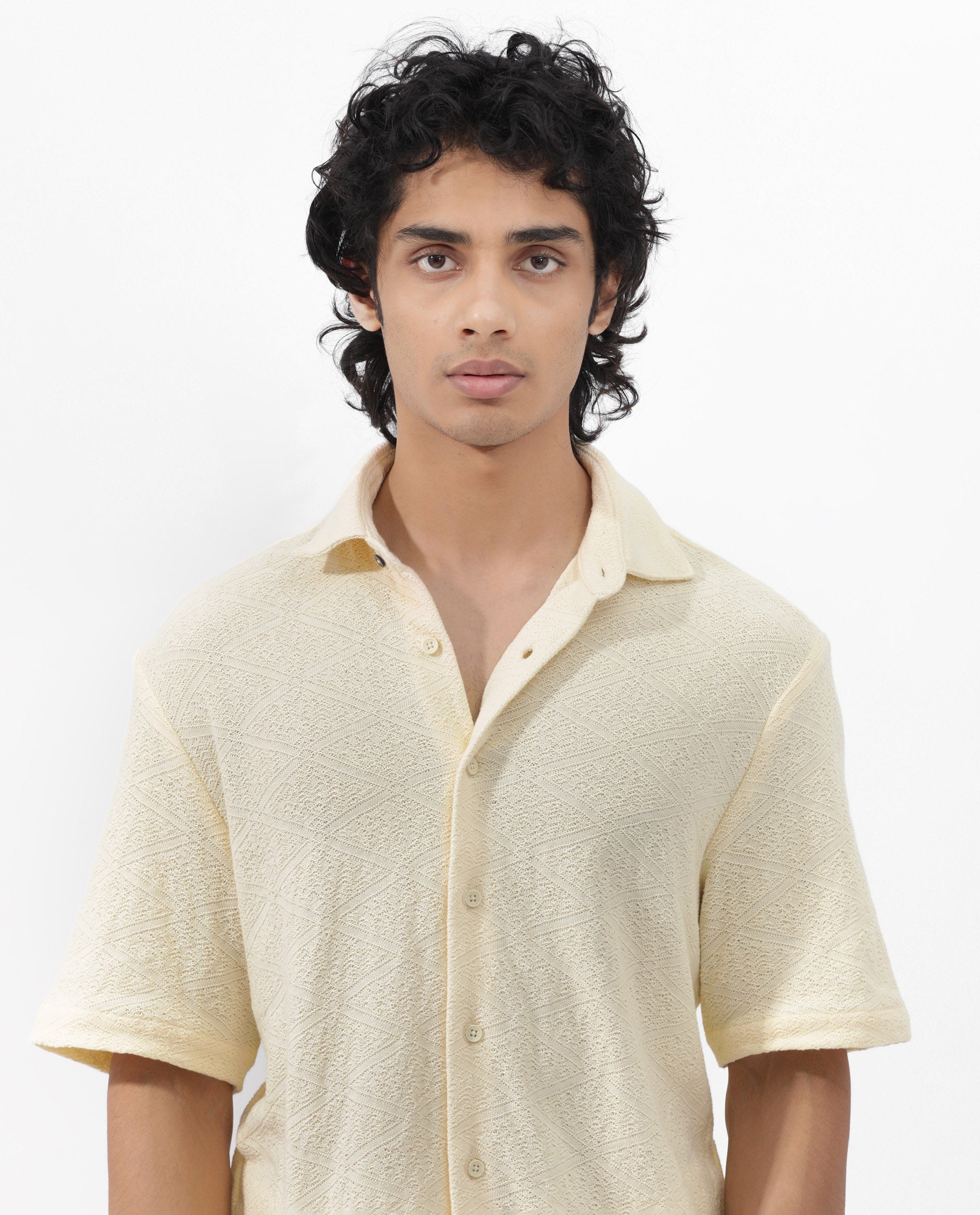 Rare Rabbit Men's Domat Light Yellow Cotton Fabric Half Sleeve Boxy Fit Jacquard Textured Shirt