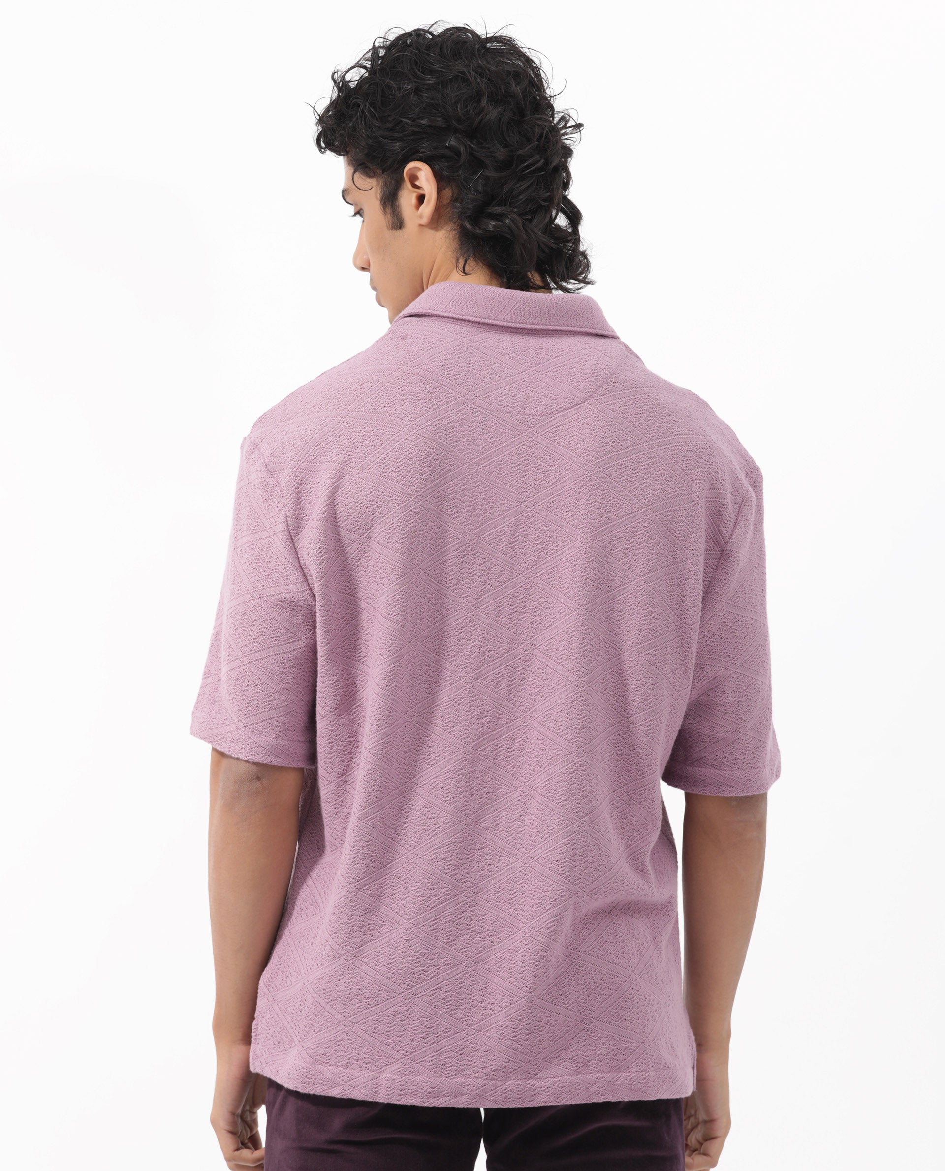 Rare Rabbit Men's Domat Dusky Purple Cotton Fabric Half Sleeve Boxy Fit Jacquard Textured Shirt