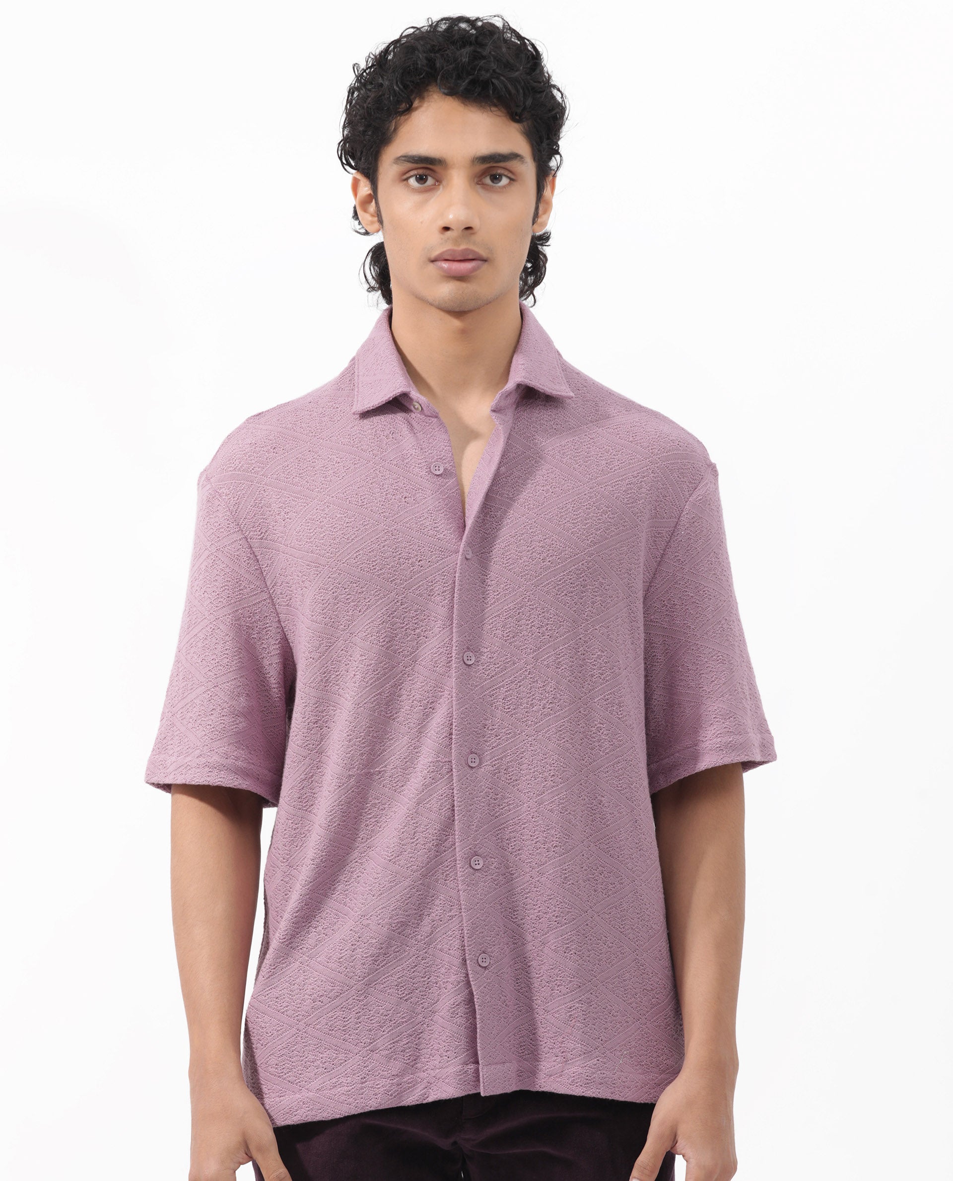 Rare Rabbit Men's Domat Dusky Purple Cotton Fabric Half Sleeve Boxy Fit Jacquard Textured Shirt