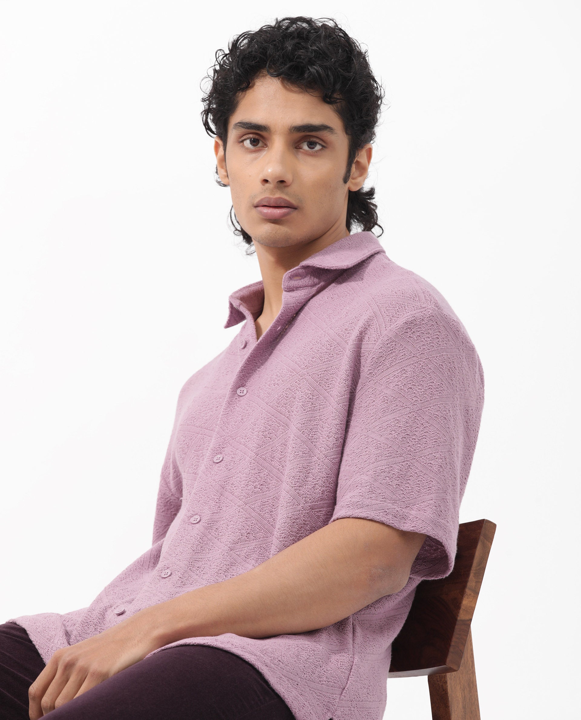 Rare Rabbit Men's Domat Dusky Purple Cotton Fabric Half Sleeve Boxy Fit Jacquard Textured Shirt