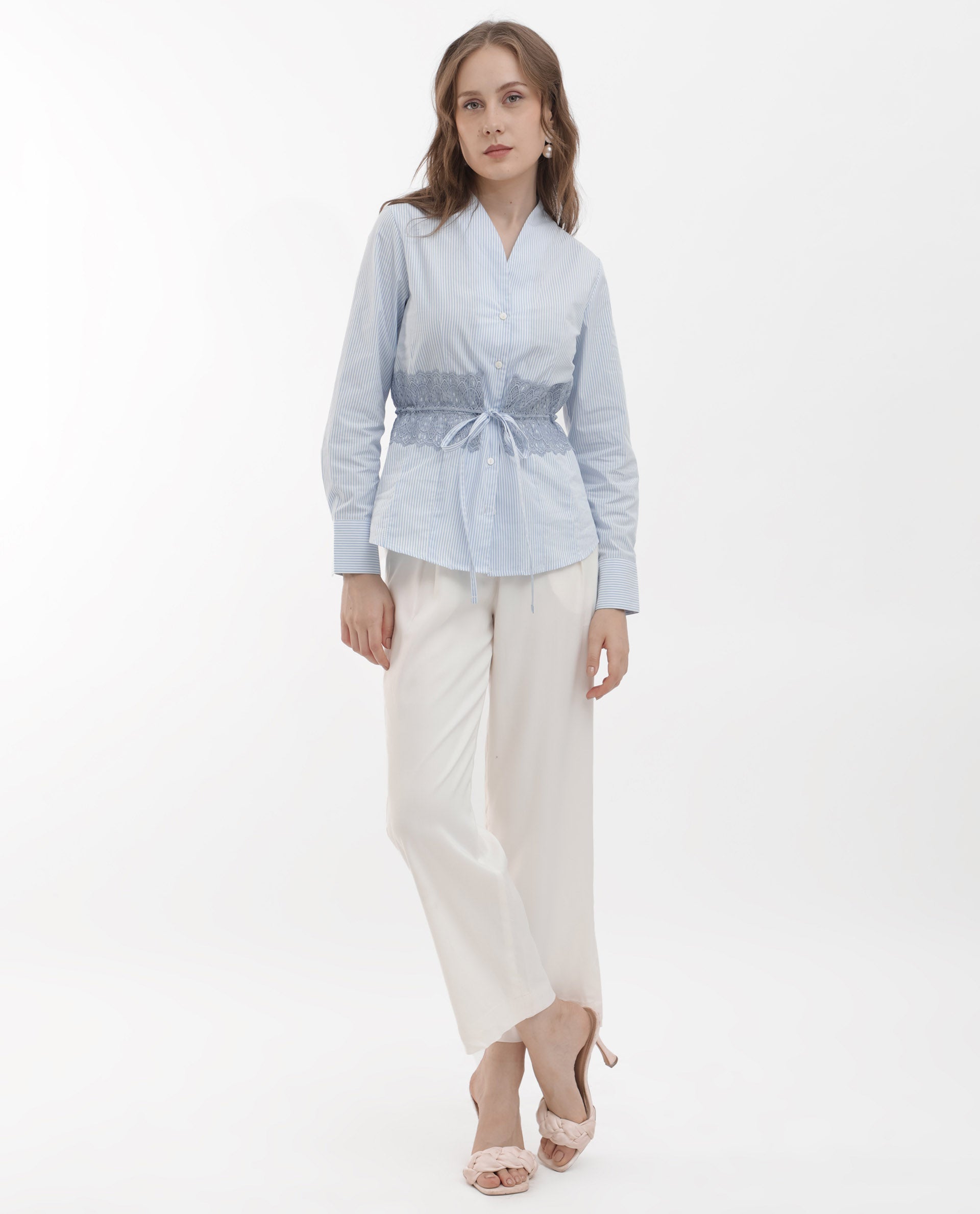 Rareism Women Doose Blue Cotton Fabric Full Sleeves Button Closure Collared Neck Cuffed Sleeve Regular Fit Plain Top