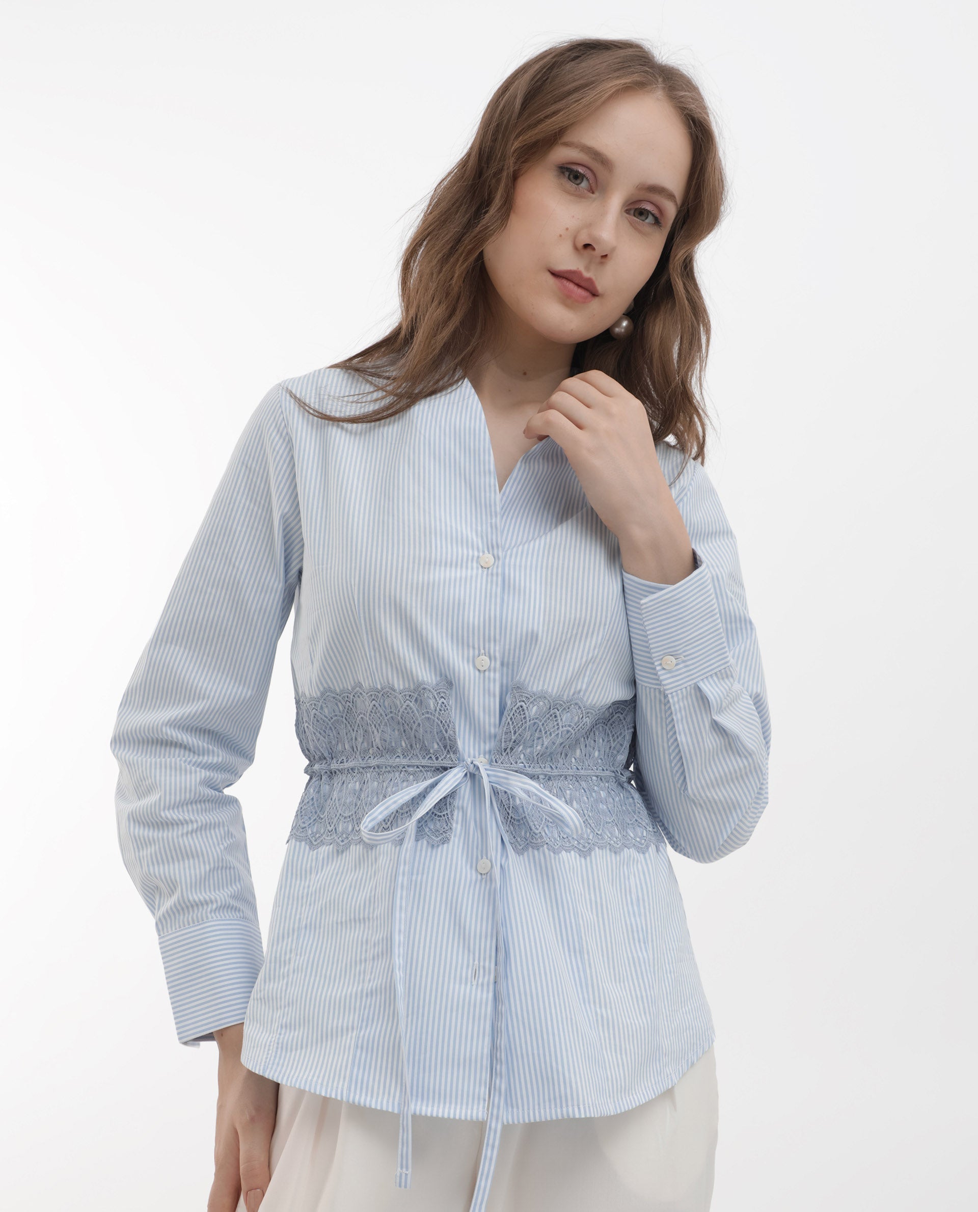 Rareism Women Doose Blue Cotton Fabric Full Sleeves Button Closure Collared Neck Cuffed Sleeve Regular Fit Plain Top