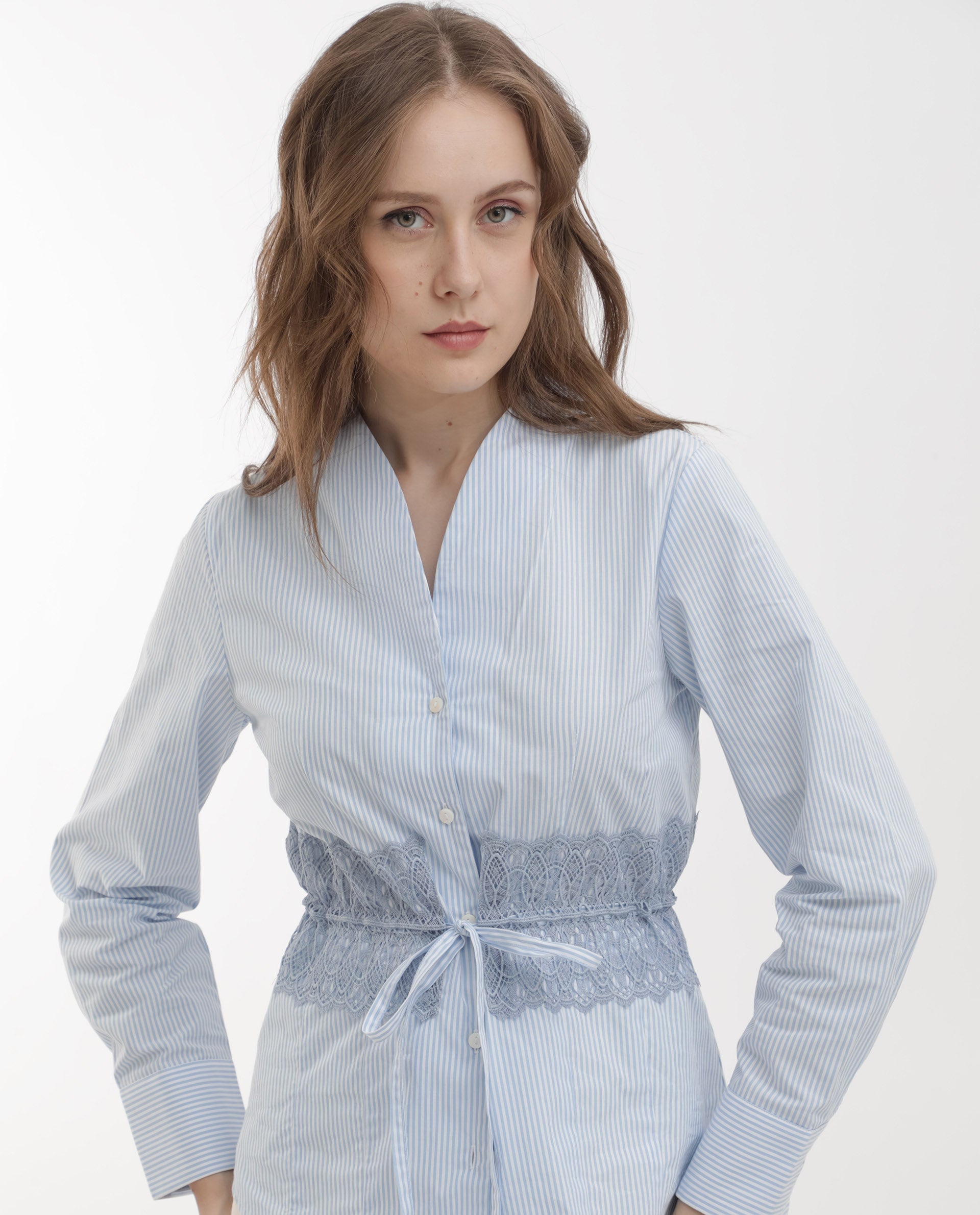 Rareism Women Doose Blue Cotton Fabric Full Sleeves Button Closure Collared Neck Cuffed Sleeve Regular Fit Plain Top