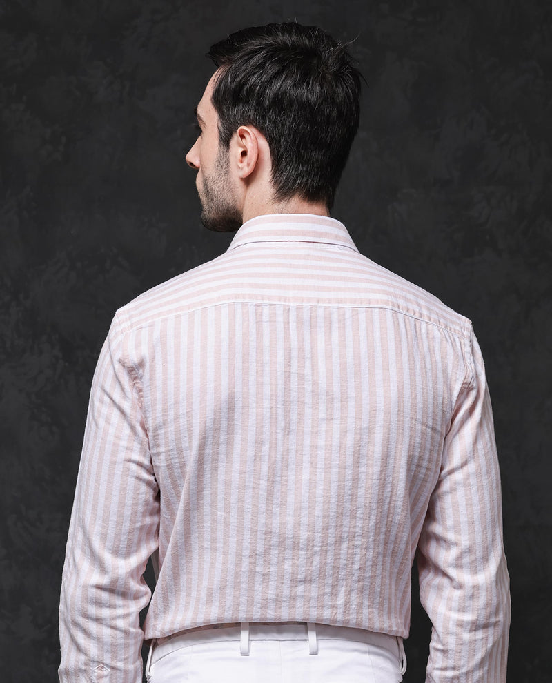 Rare Rabbit Mens Dopple Pastel Peach Full Sleeve Regular Collar Cotton Linen Blend Stripe Shirt