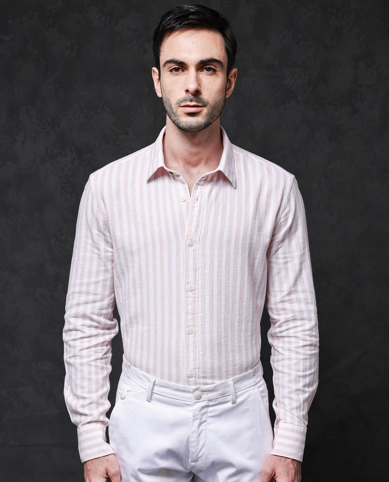 Rare Rabbit Mens Dopple Pastel Peach Full Sleeve Regular Collar Cotton Linen Blend Stripe Shirt