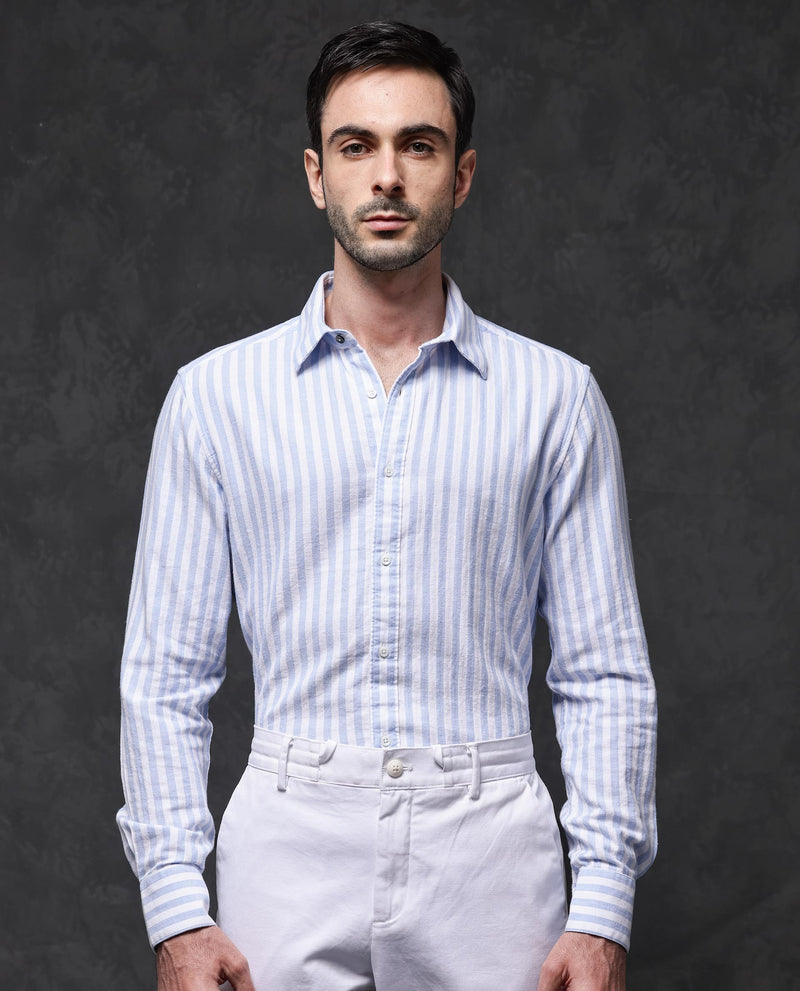 Rare Rabbit Mens Dopple Light Blue Full Sleeve Regular Collar Cotton Linen Blend Stripe Shirt