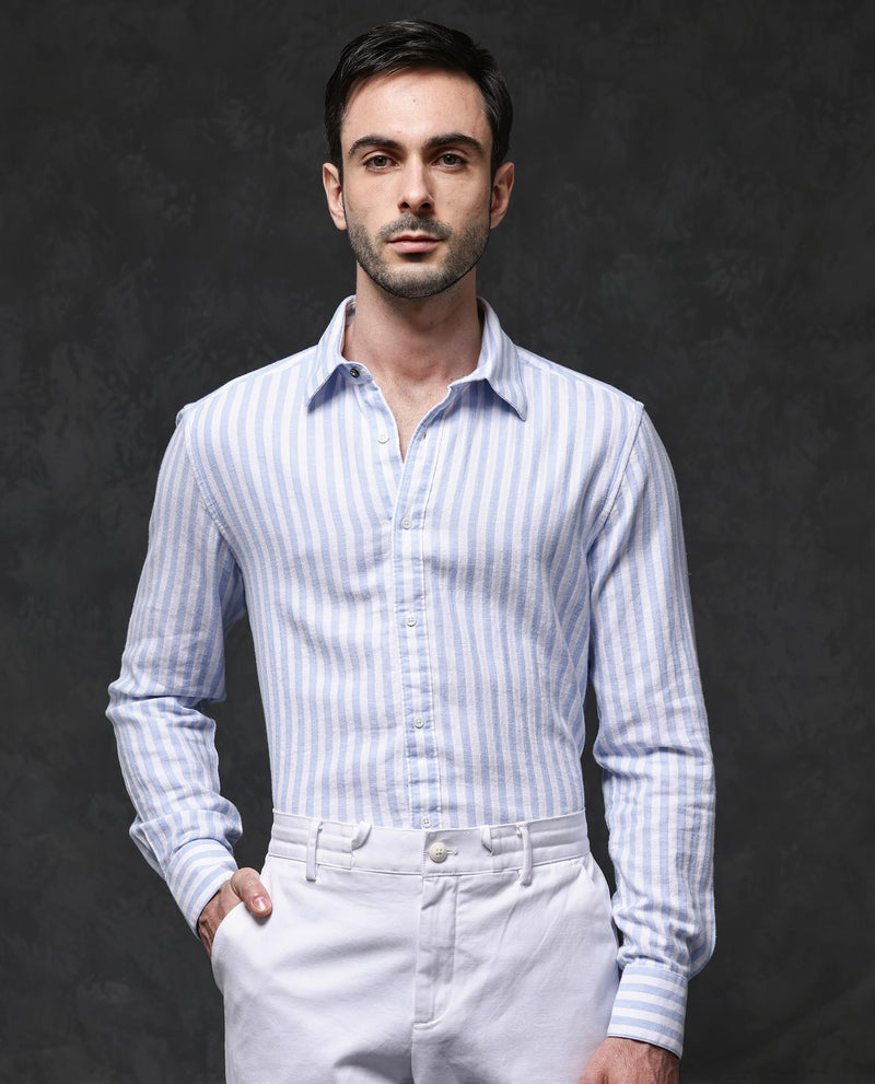 Rare Rabbit Mens Dopple Light Blue Full Sleeve Regular Collar Cotton Linen Blend Stripe Shirt