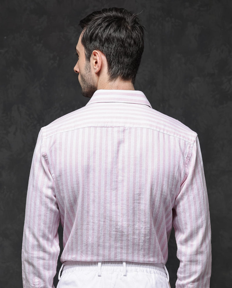 Rare Rabbit Mens Dopple Light Pink Full Sleeve Regular Collar Cotton Linen Blend Stripe Shirt