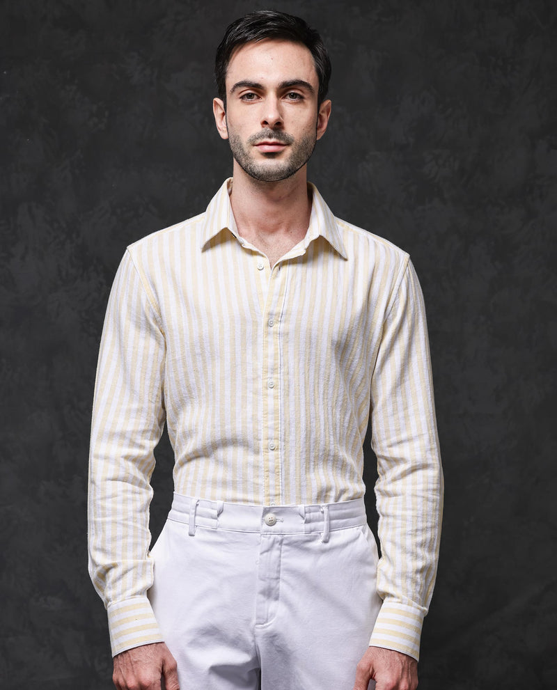 Rare Rabbit Mens Dopple Light Yellow Full Sleeve Regular Collar Cotton Linen Blend Stripe Shirt