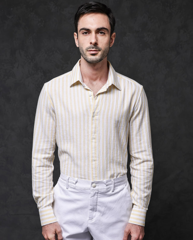 Rare Rabbit Mens Dopple Light Yellow Full Sleeve Regular Collar Cotton Linen Blend Stripe Shirt