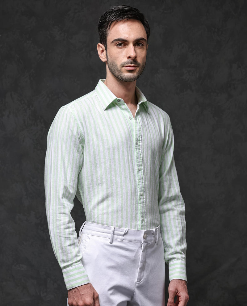Rare Rabbit Mens Dopple Pastel Green Full Sleeve Regular Collar Cotton Linen Blend Stripe Shirt