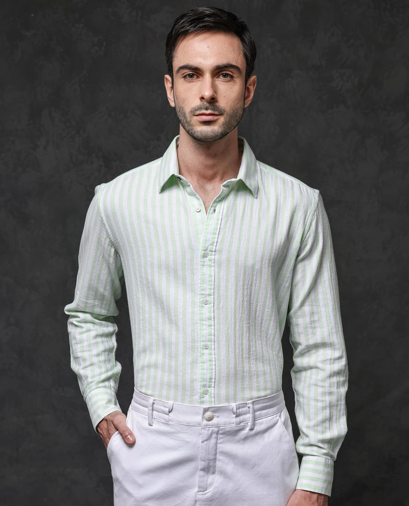 Rare Rabbit Mens Dopple Pastel Green Full Sleeve Regular Collar Cotton Linen Blend Stripe Shirt