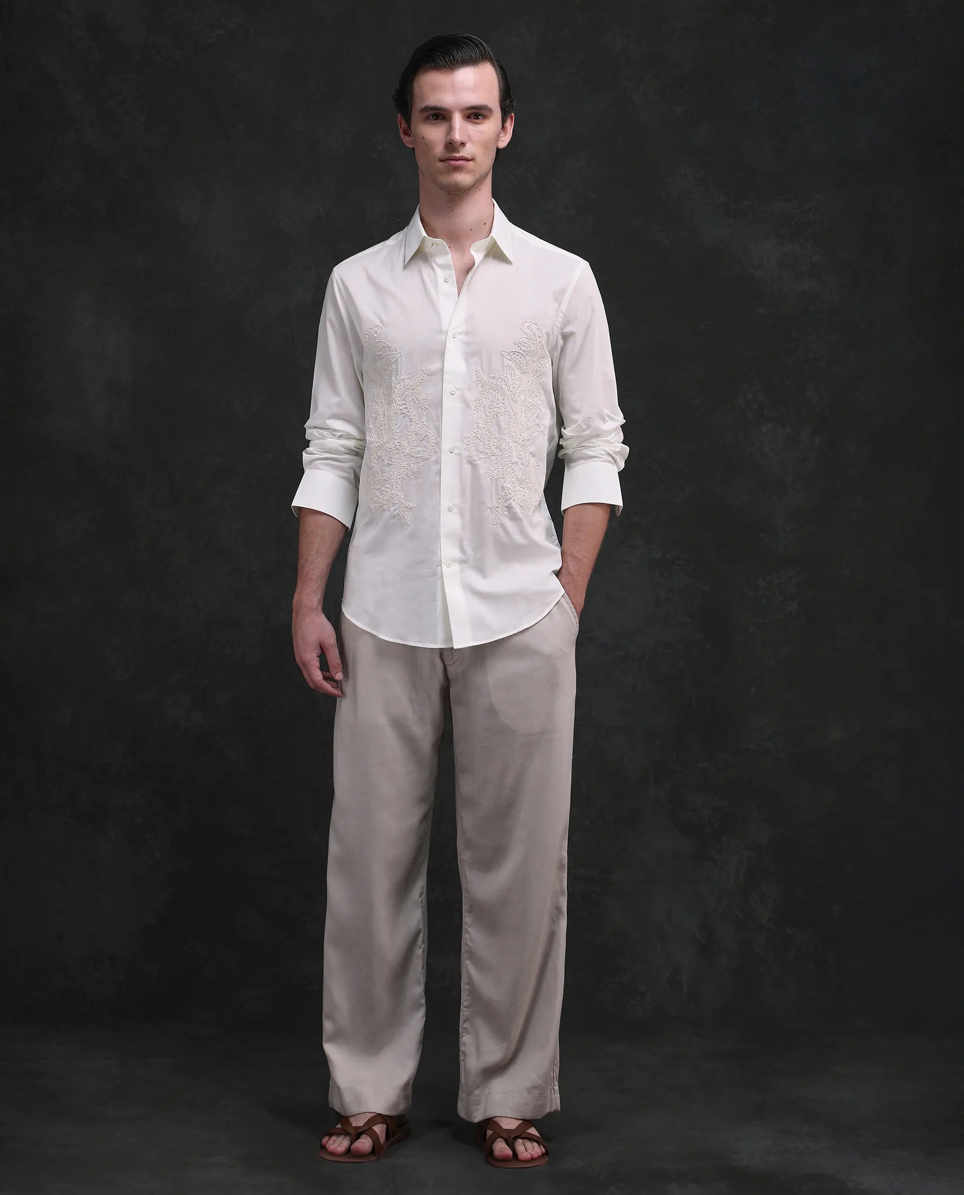 Rare Rabbit Men's Dori White Cotton Fabric Full Sleeves Collared Neck Button Closure Embroidered Shirt