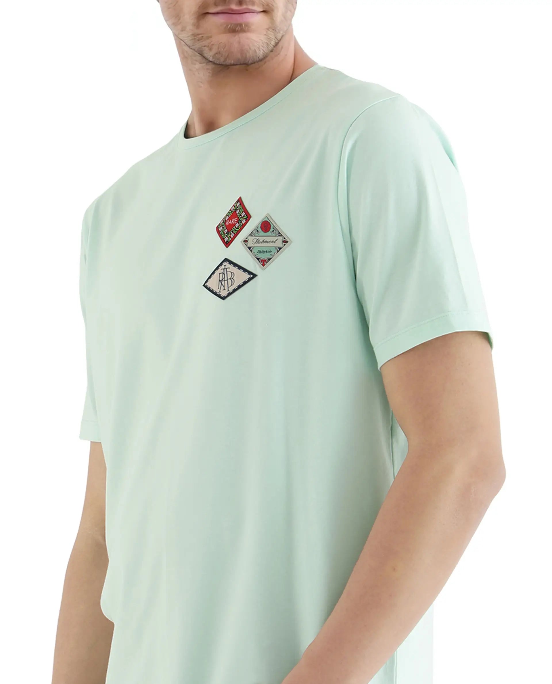 Rare Rabbit Men Dorl Light Blue Cotton Blend Fabric Short Sleeve Crew Neck HD Print Pocket Placement T-Shirt