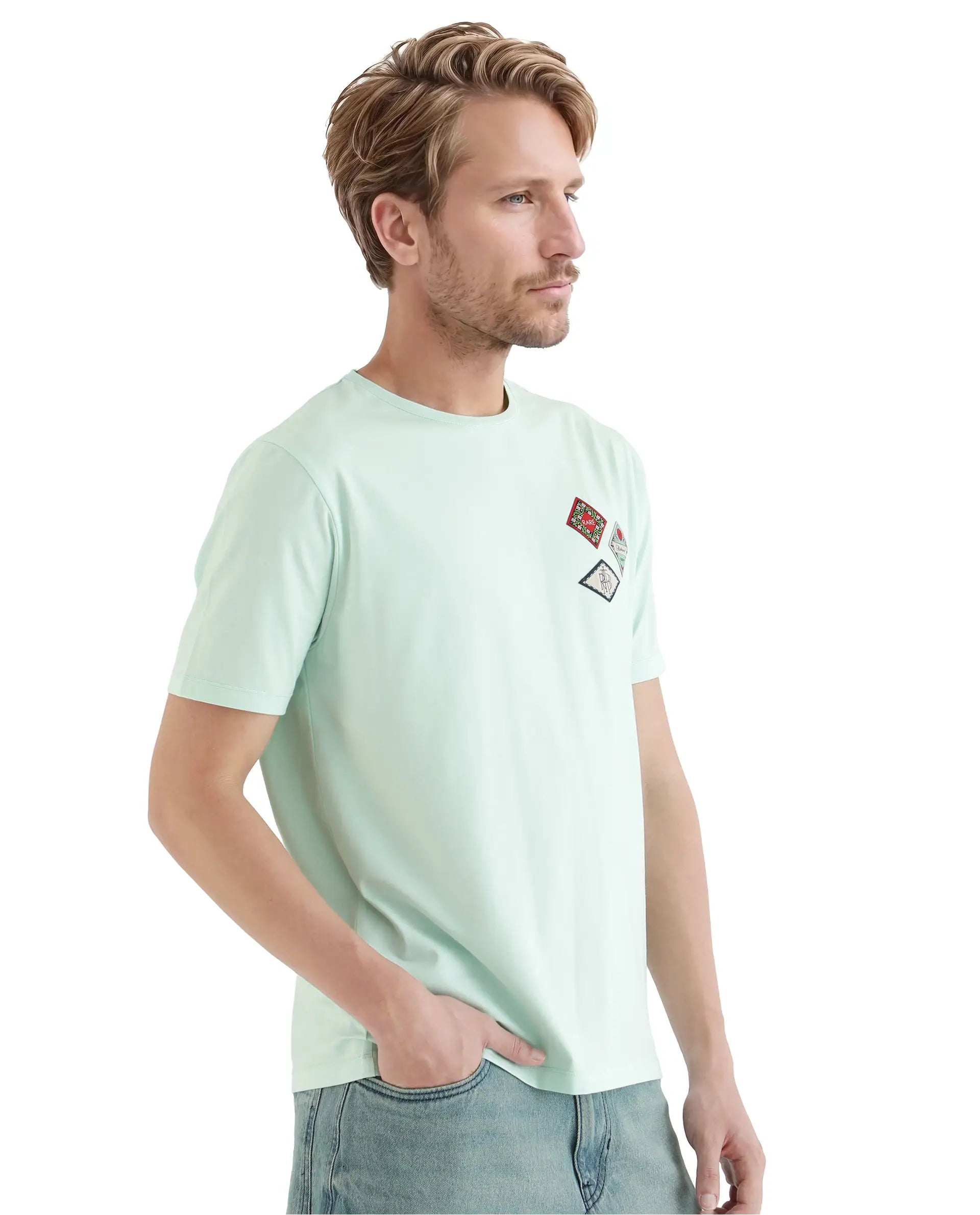 Rare Rabbit Men Dorl Light Blue Cotton Blend Fabric Short Sleeve Crew Neck HD Print Pocket Placement T-Shirt