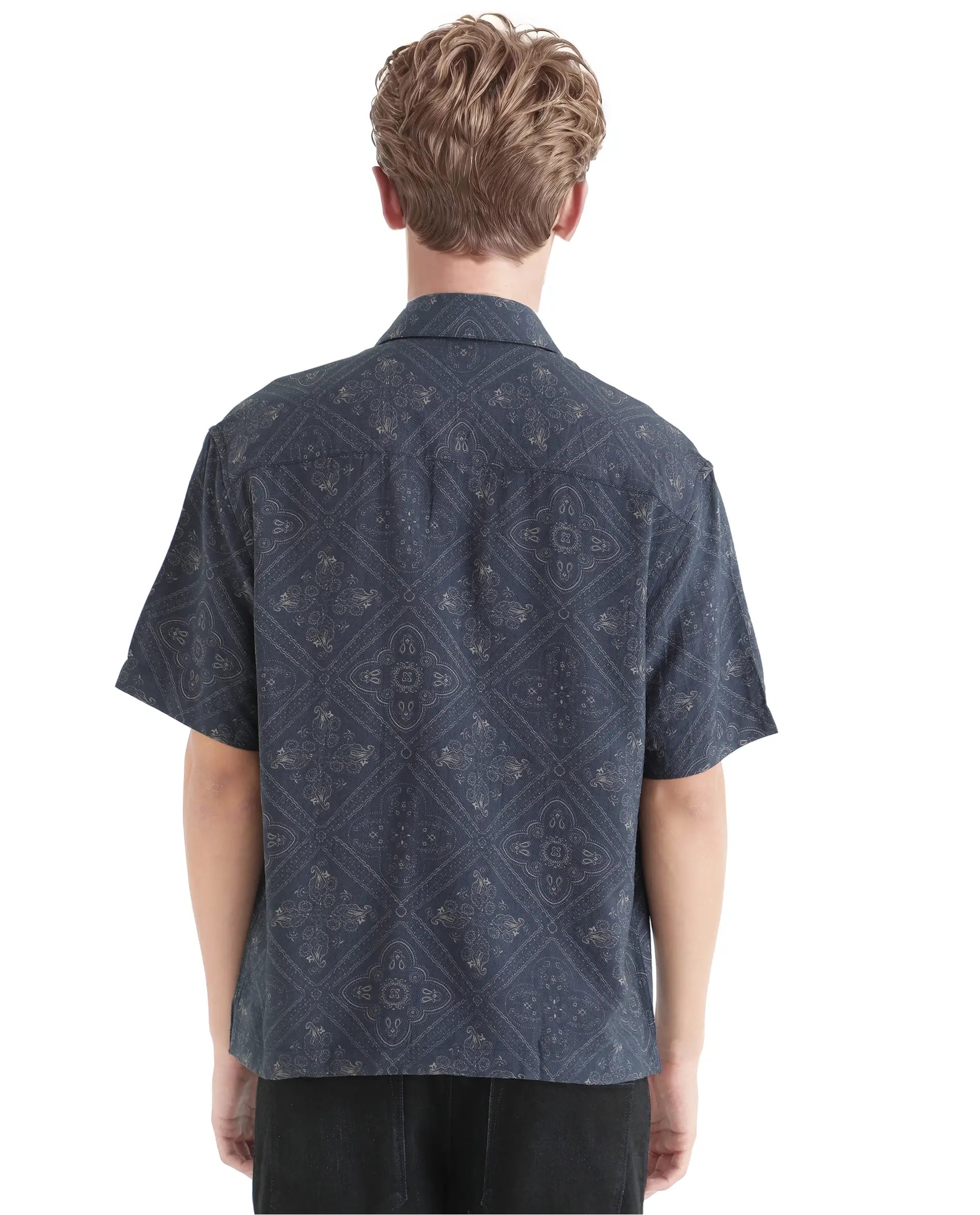 Rare Rabbit Men's Dorm Navy Cotton Fabric Short Sleeve Collared Neck Button Closure Printed Shirt