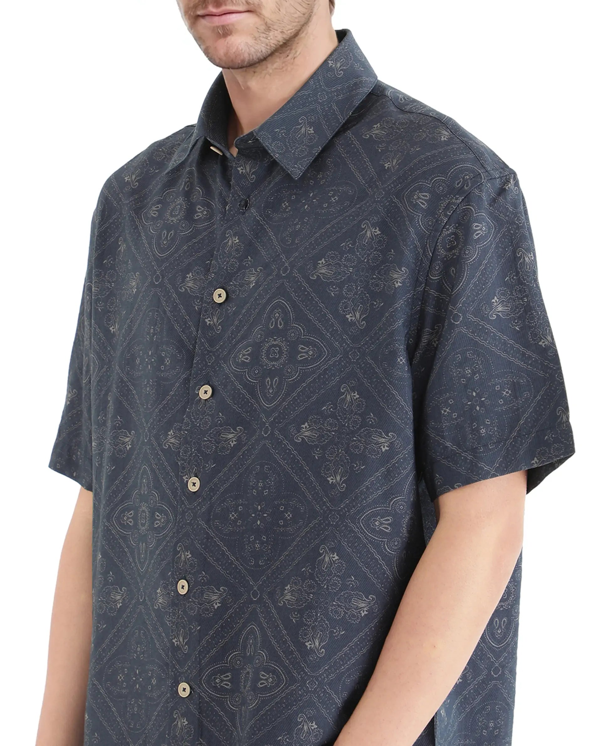 Rare Rabbit Men's Dorm Navy Cotton Fabric Short Sleeve Collared Neck Button Closure Printed Shirt