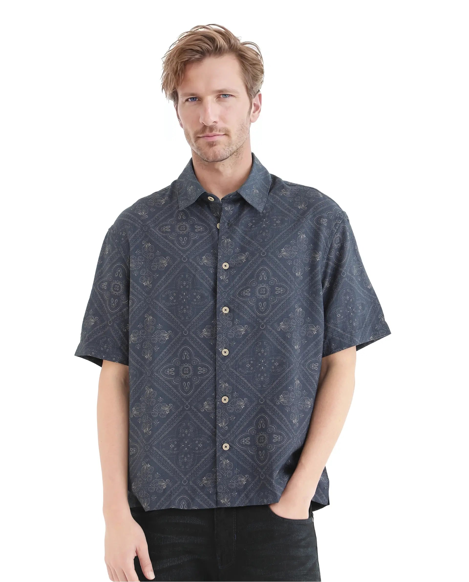 Rare Rabbit Men's Dorm Navy Cotton Fabric Short Sleeve Collared Neck Button Closure Printed Shirt
