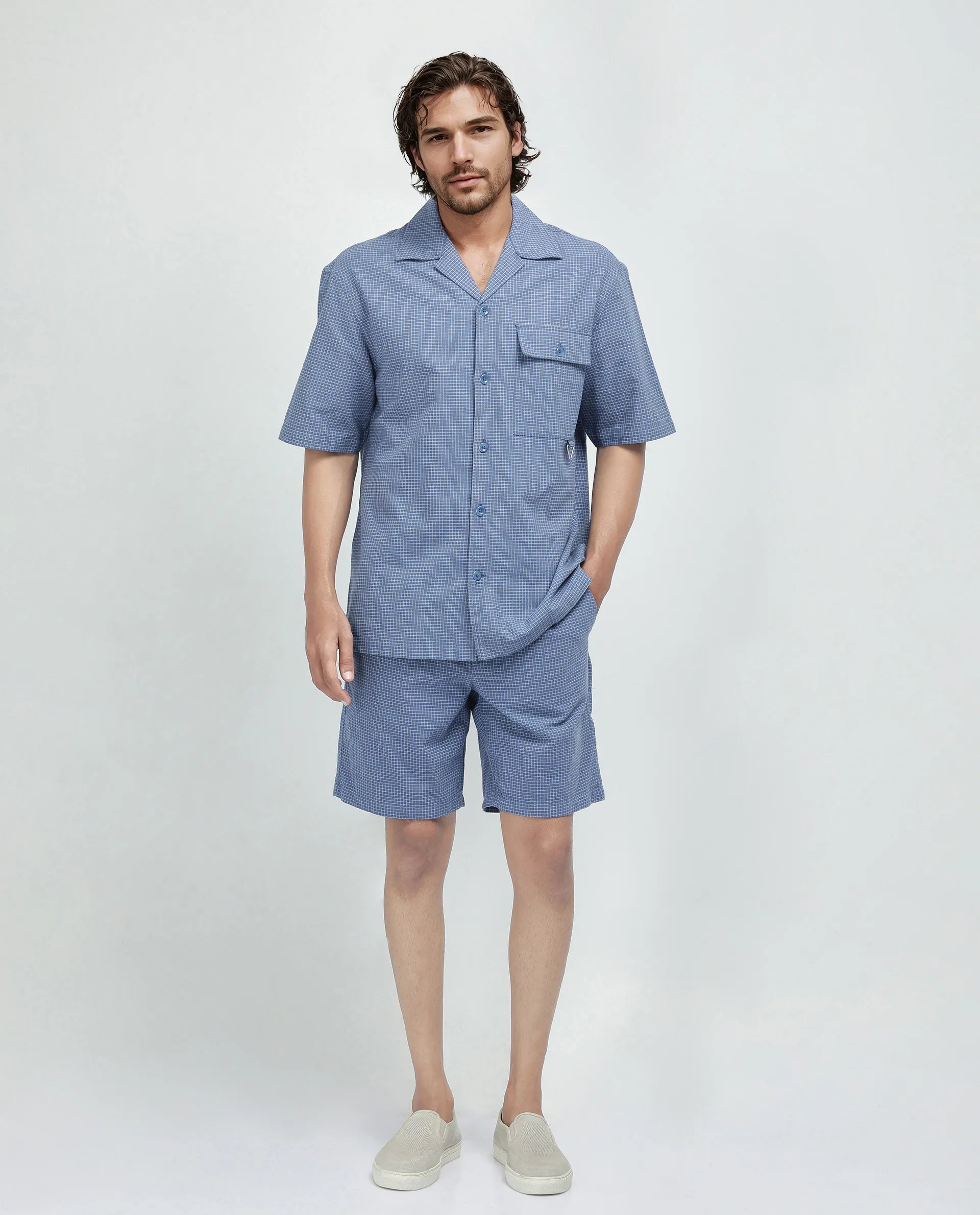 Rare Rabbit Men's Dorn-S Blue Cotton Fabric Half Sleeve Spread Collar Button Closure Regular Fit Checked Shirt