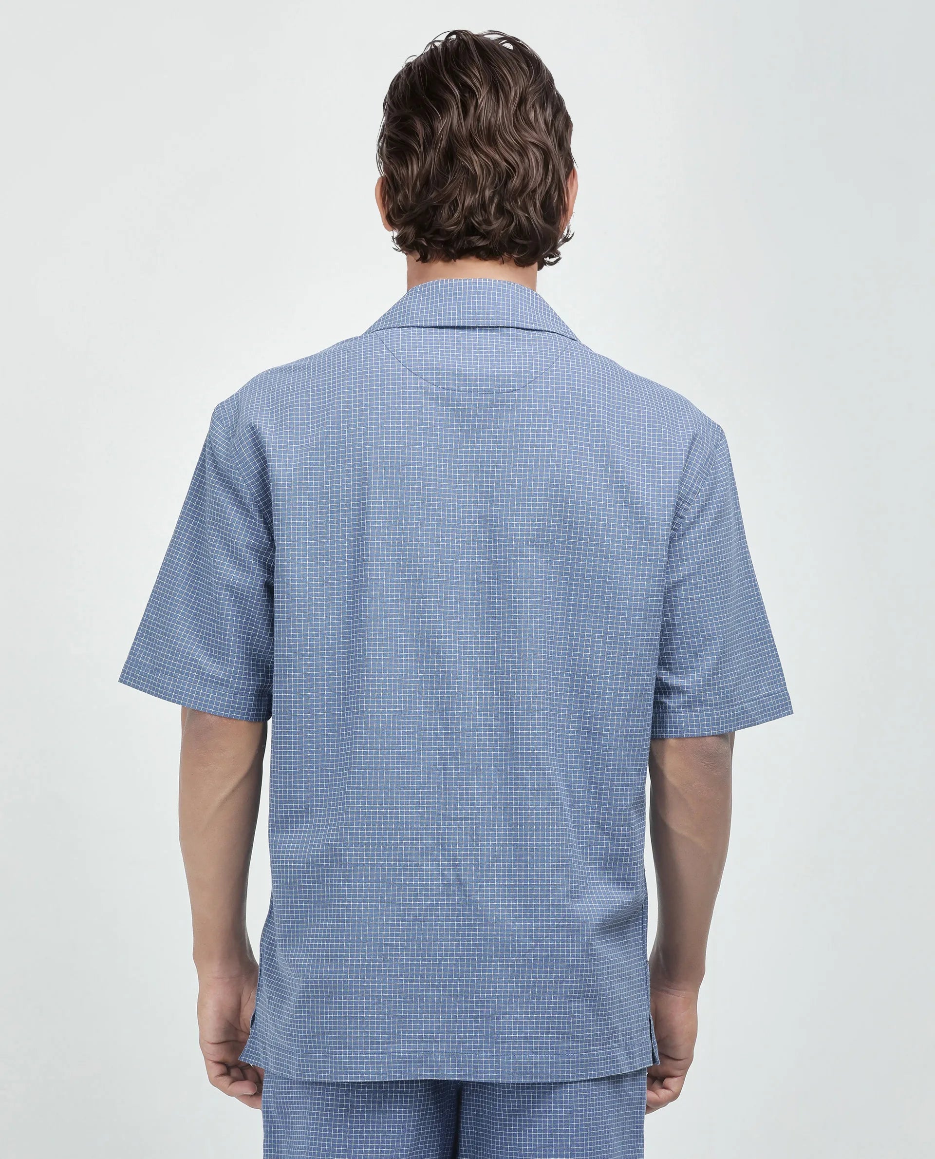 Rare Rabbit Men's Dorn-S Blue Cotton Fabric Half Sleeve Spread Collar Button Closure Regular Fit Checked Shirt