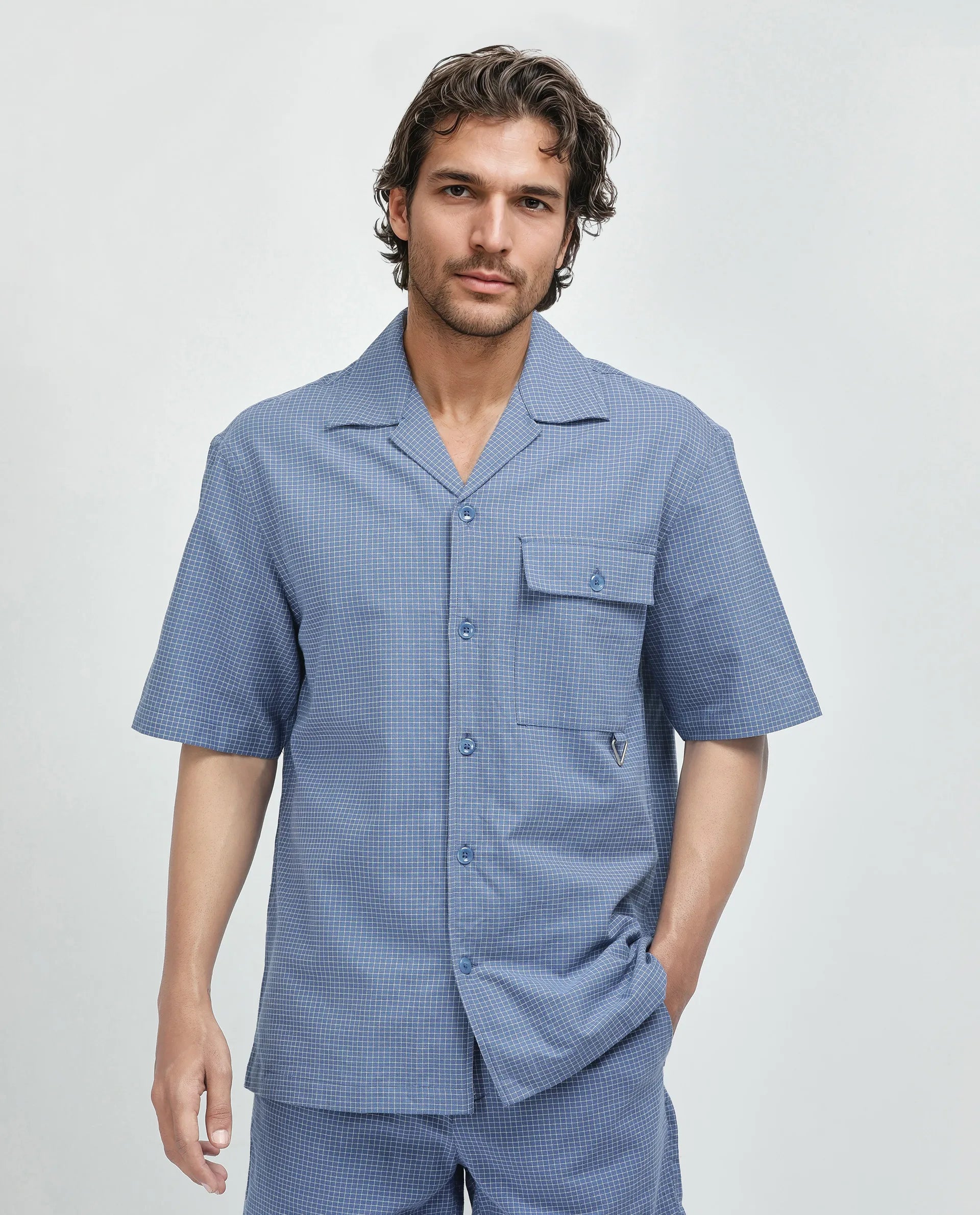 Rare Rabbit Men's Dorn-S Blue Cotton Fabric Half Sleeve Spread Collar Button Closure Regular Fit Checked Shirt