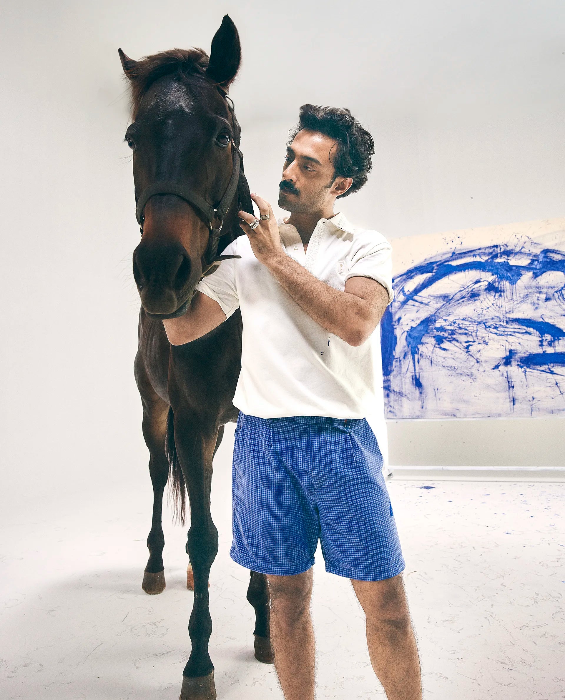 Rare Rabbit Men's Dorn Blue Cotton Blend Checked Print Relaxed Fit Shorts