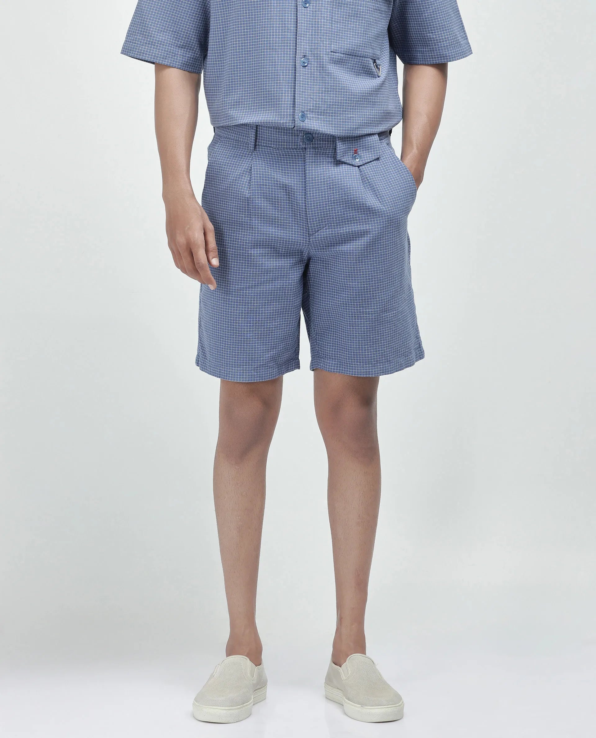 Rare Rabbit Men Dorn Blue Cotton Elastane Fabric Relaxed Fit Pleated Checked Shorts