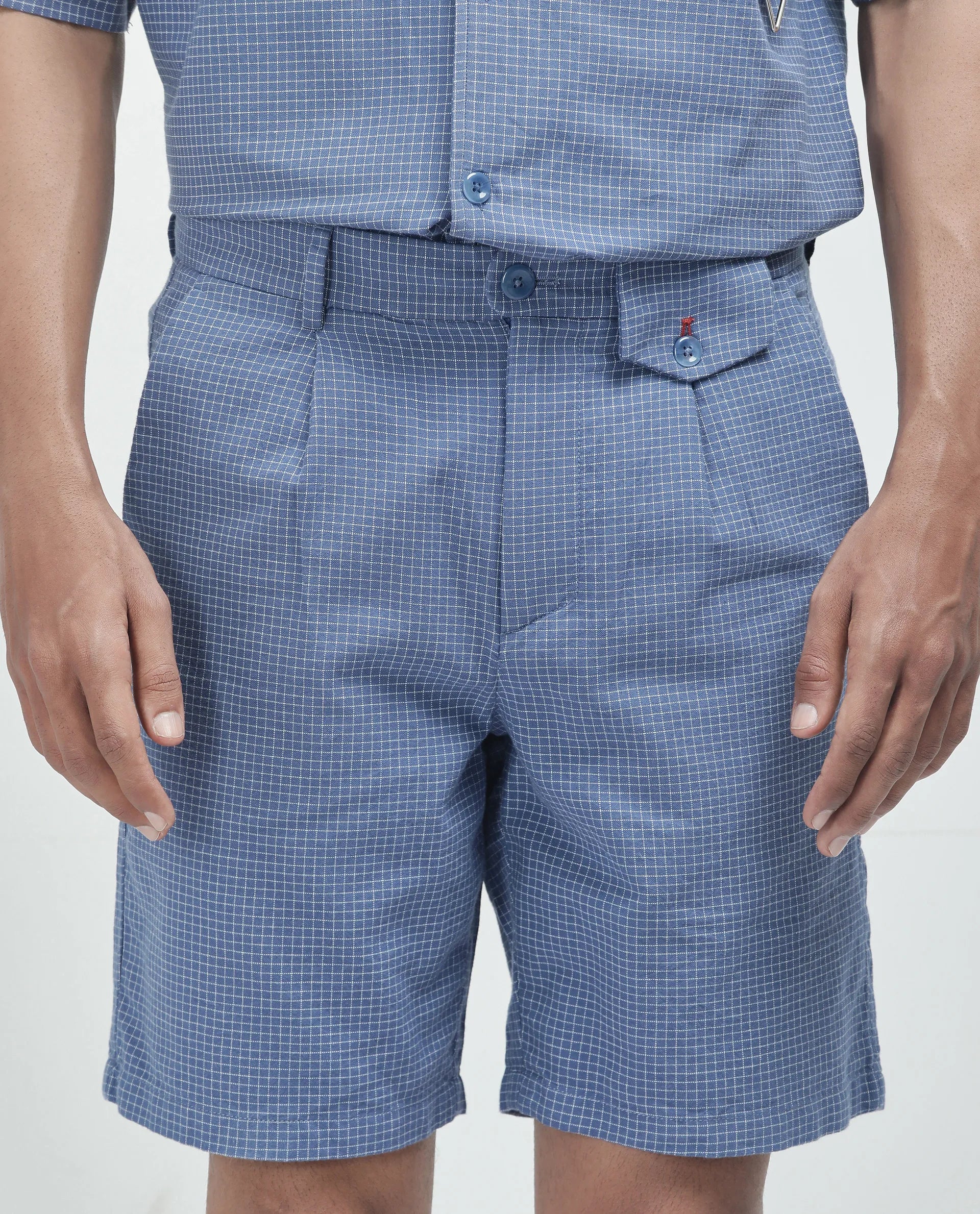 Rare Rabbit Men Dorn Blue Cotton Elastane Fabric Relaxed Fit Pleated Checked Shorts