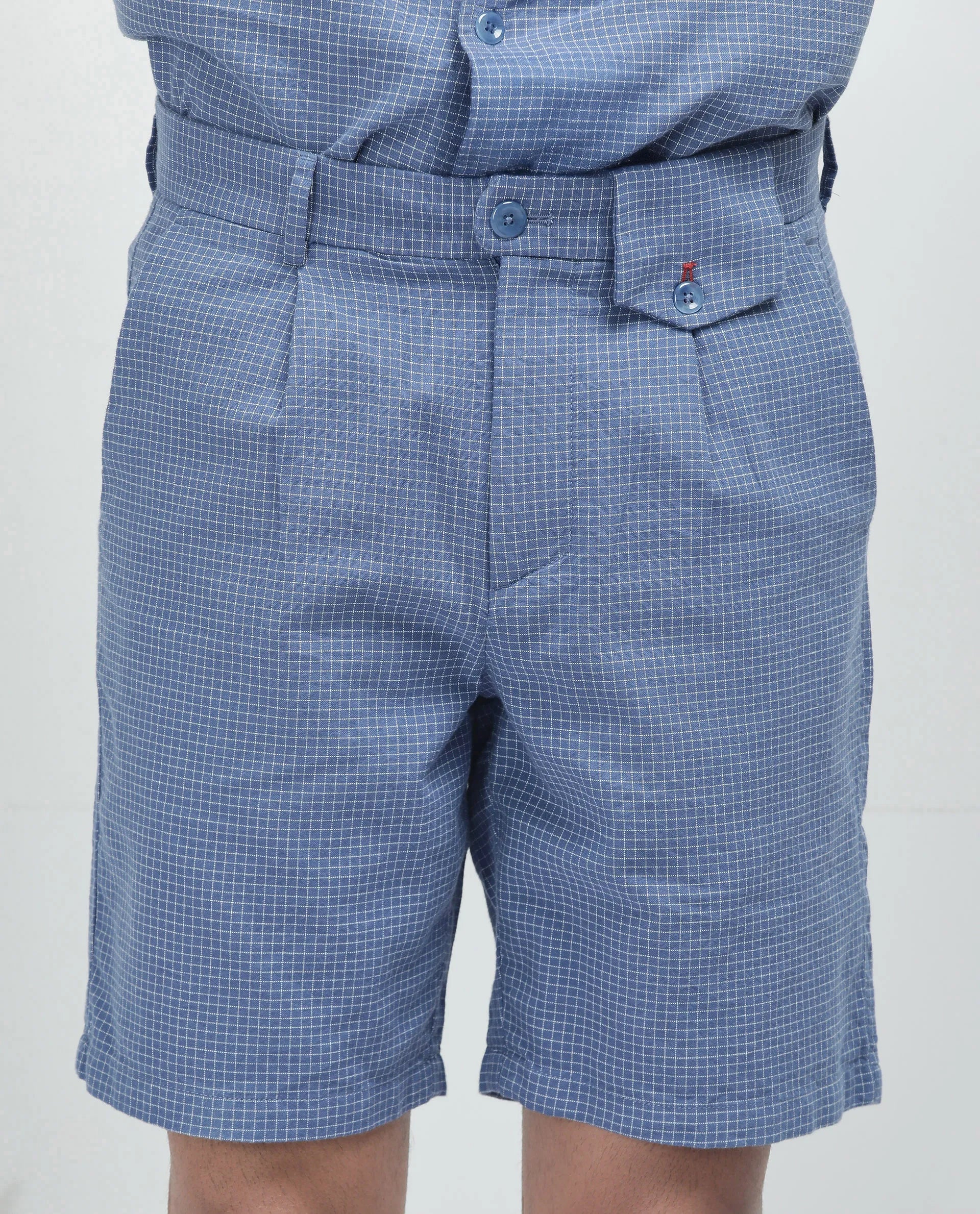 Rare Rabbit Men Dorn Blue Cotton Elastane Fabric Relaxed Fit Pleated Checked Shorts