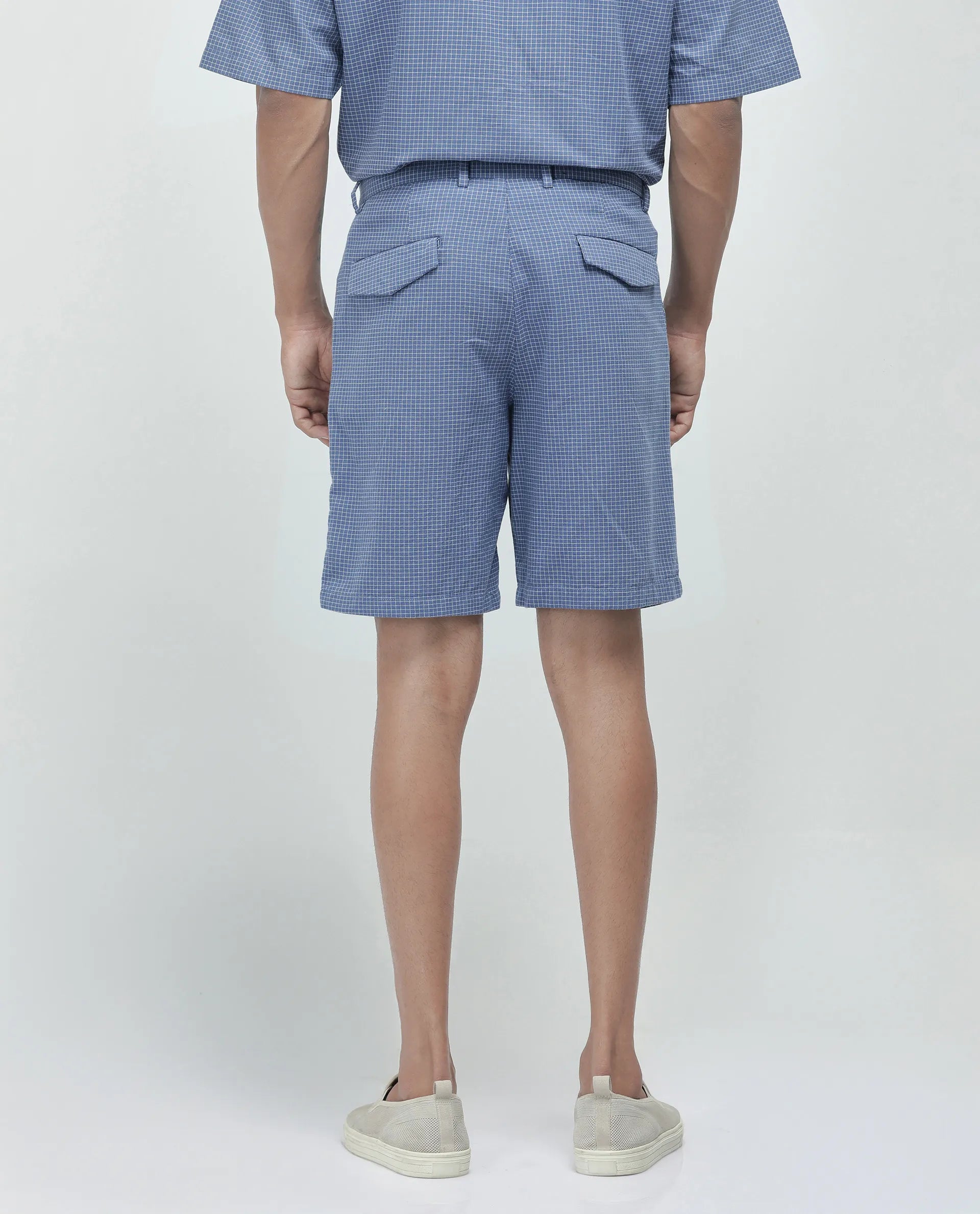 Rare Rabbit Men Dorn Blue Cotton Elastane Fabric Relaxed Fit Pleated Checked Shorts