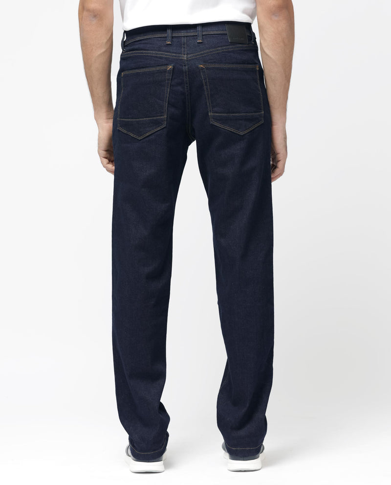 Rare Rabbit Mens Doros Navy Cotton Polyester Solid Regular Fit Dark Wash Jeans