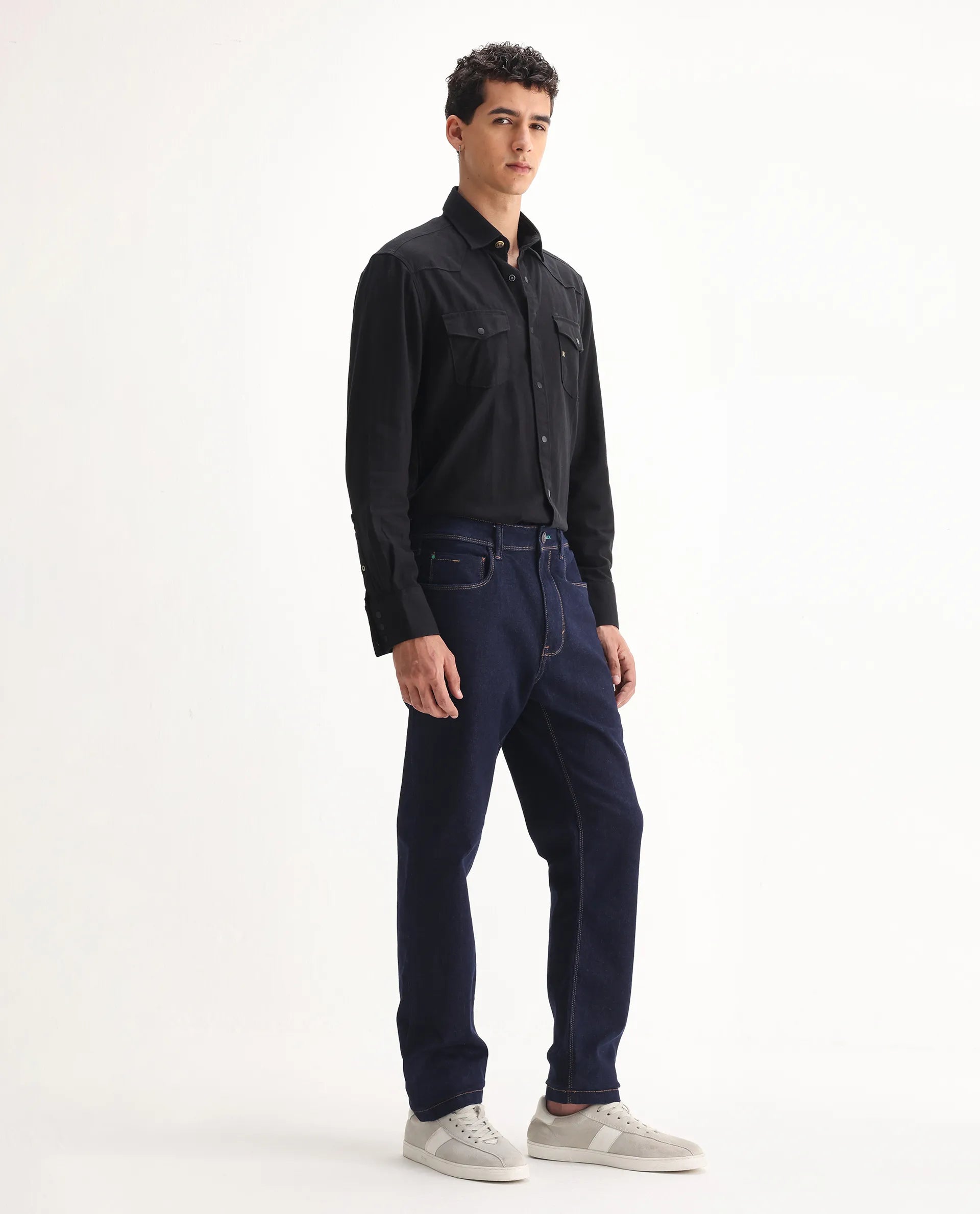 Rare Rabbit Men's Doros Navy Cotton Blend Plain Morris Regular Fit Jeans