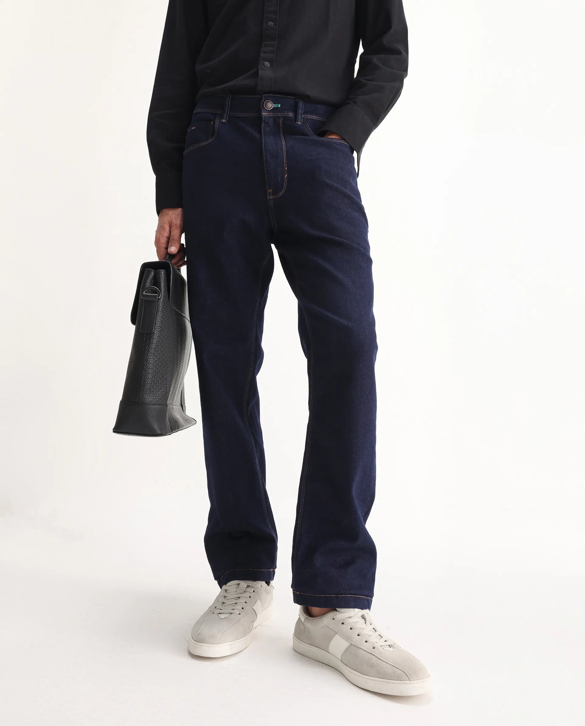 Rare Rabbit Men's Doros Navy Cotton Blend Plain Morris Regular Fit Jeans