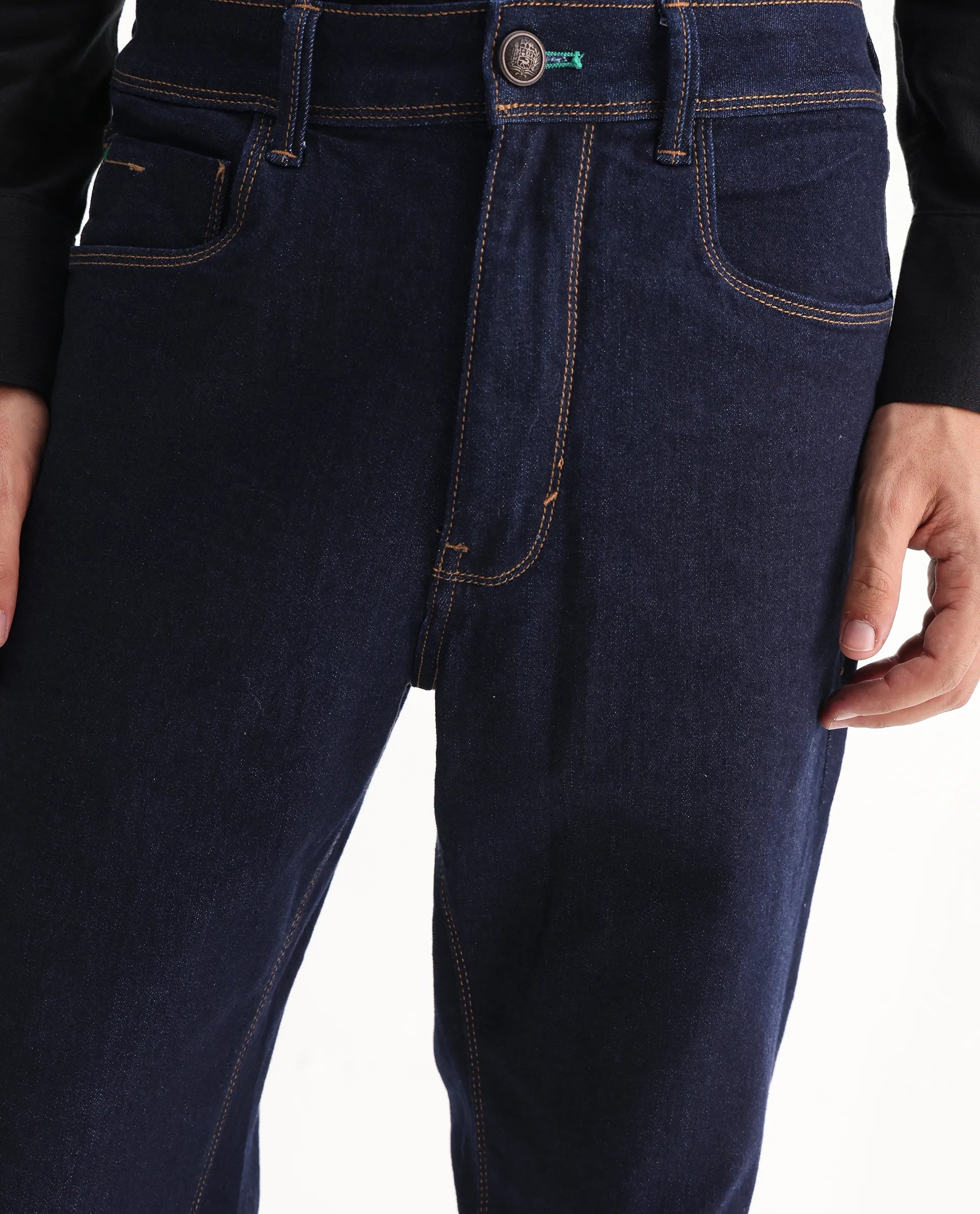 Rare Rabbit Men's Doros Navy Cotton Blend Plain Morris Regular Fit Jeans