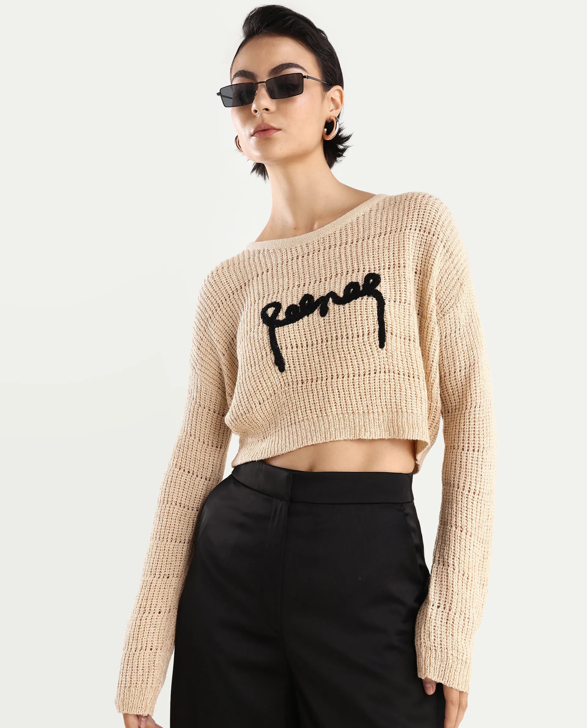 Rareism Women's Dorthi Off White Acrylic Boat Neck Plain Crop Relaxed Fit Top