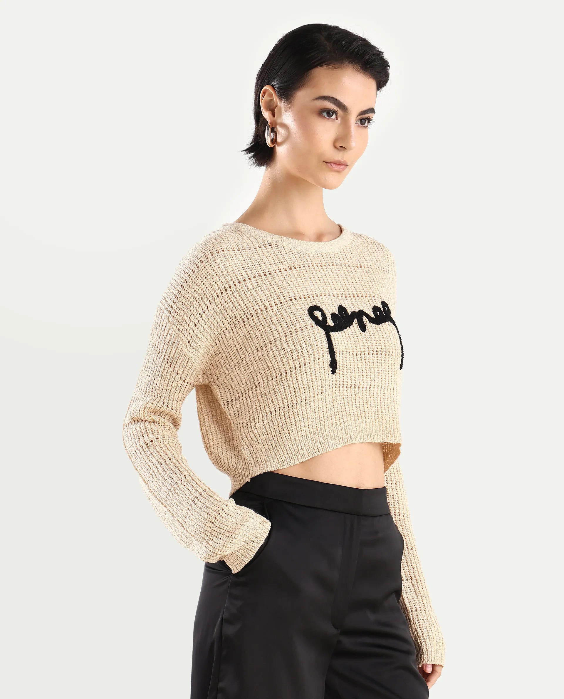 Rareism Women's Dorthi Off White Acrylic Boat Neck Plain Crop Relaxed Fit Top