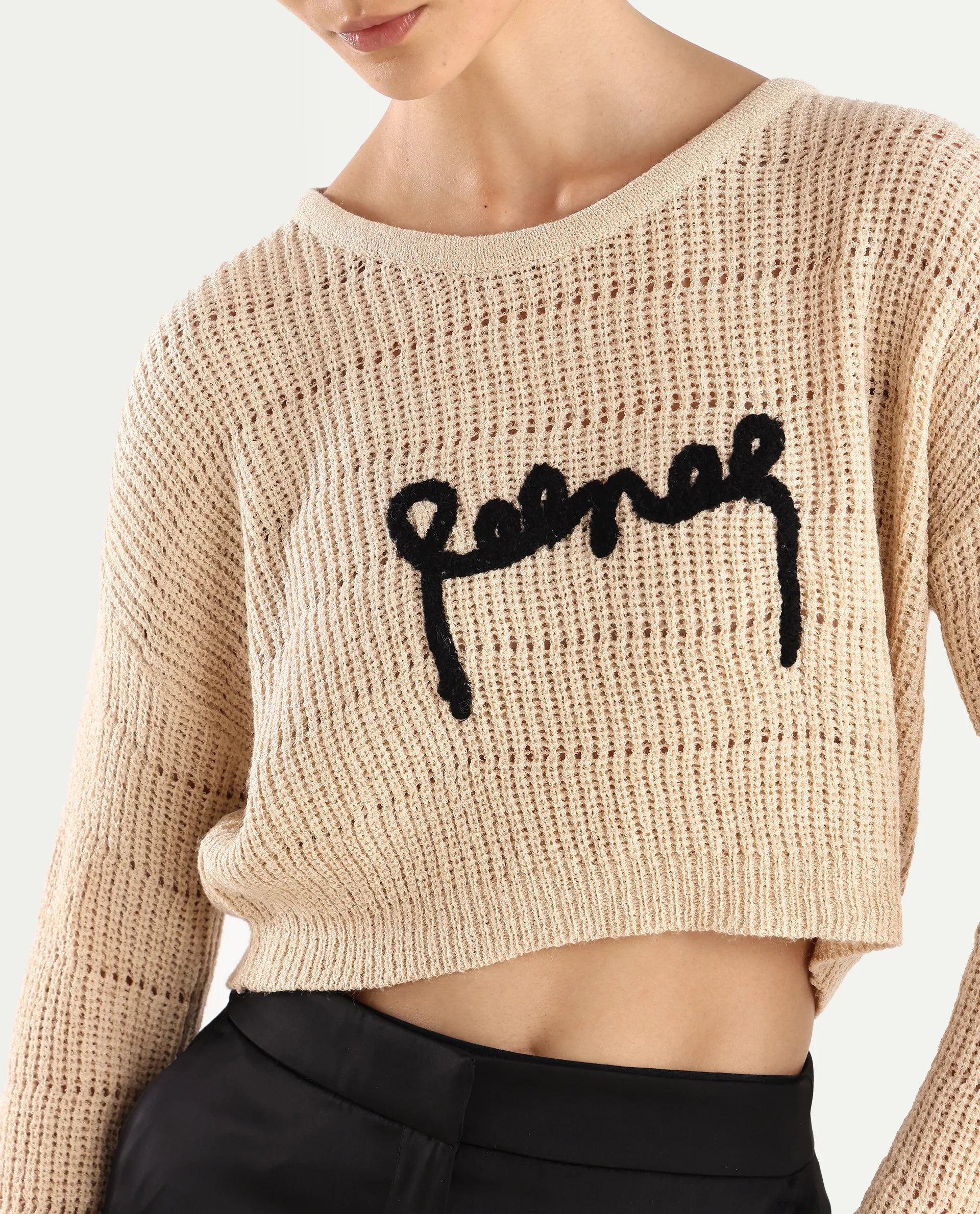 Rareism Women's Dorthi Off White Acrylic Boat Neck Plain Crop Relaxed Fit Top