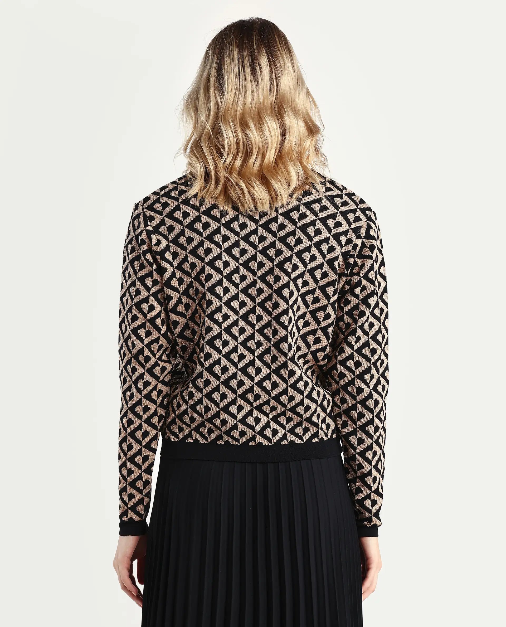 Rareism Women's Dortyol Black Viscose V-Neck Geometric Print Regular Fit Sweater