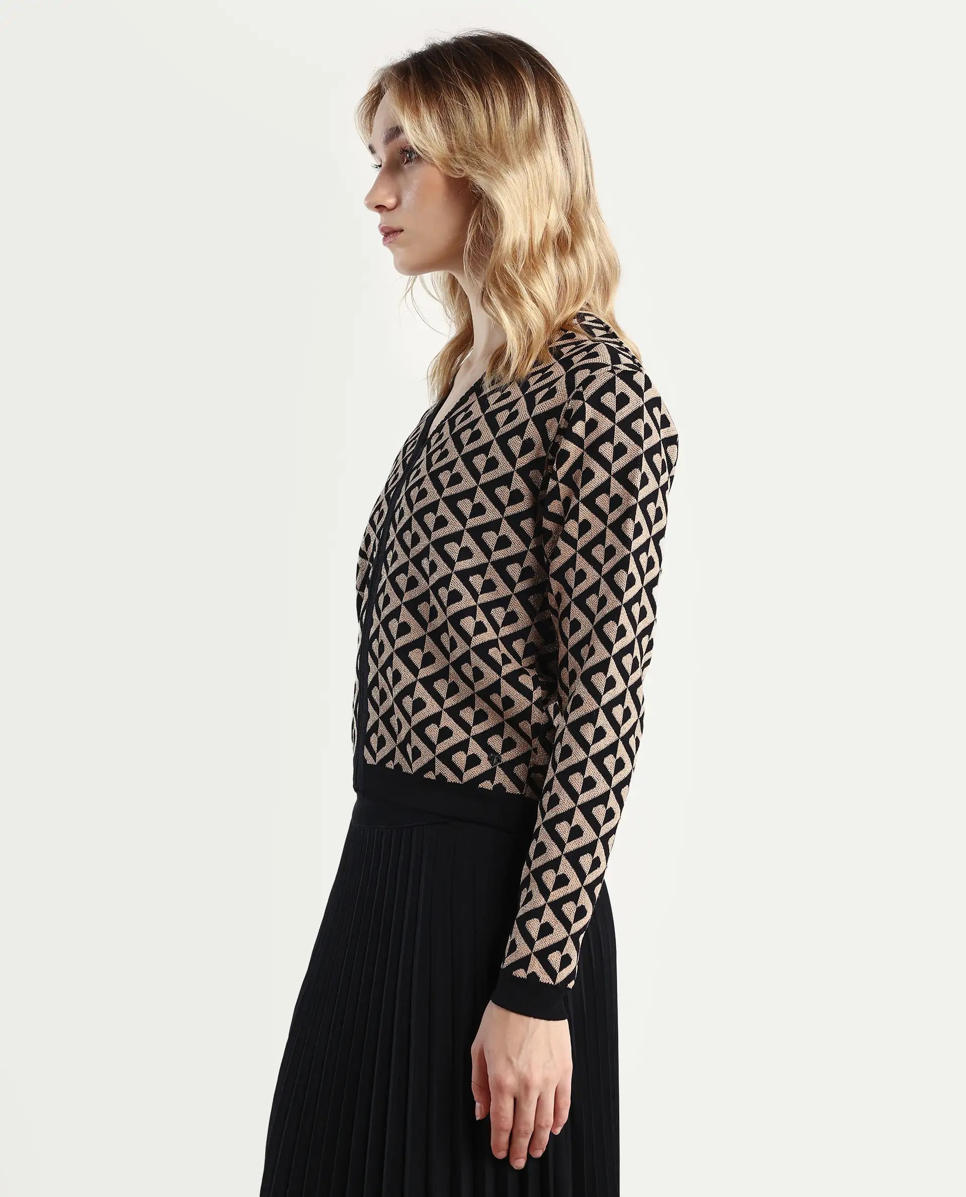 Rareism Women's Dortyol Black Viscose V-Neck Geometric Print Regular Fit Sweater