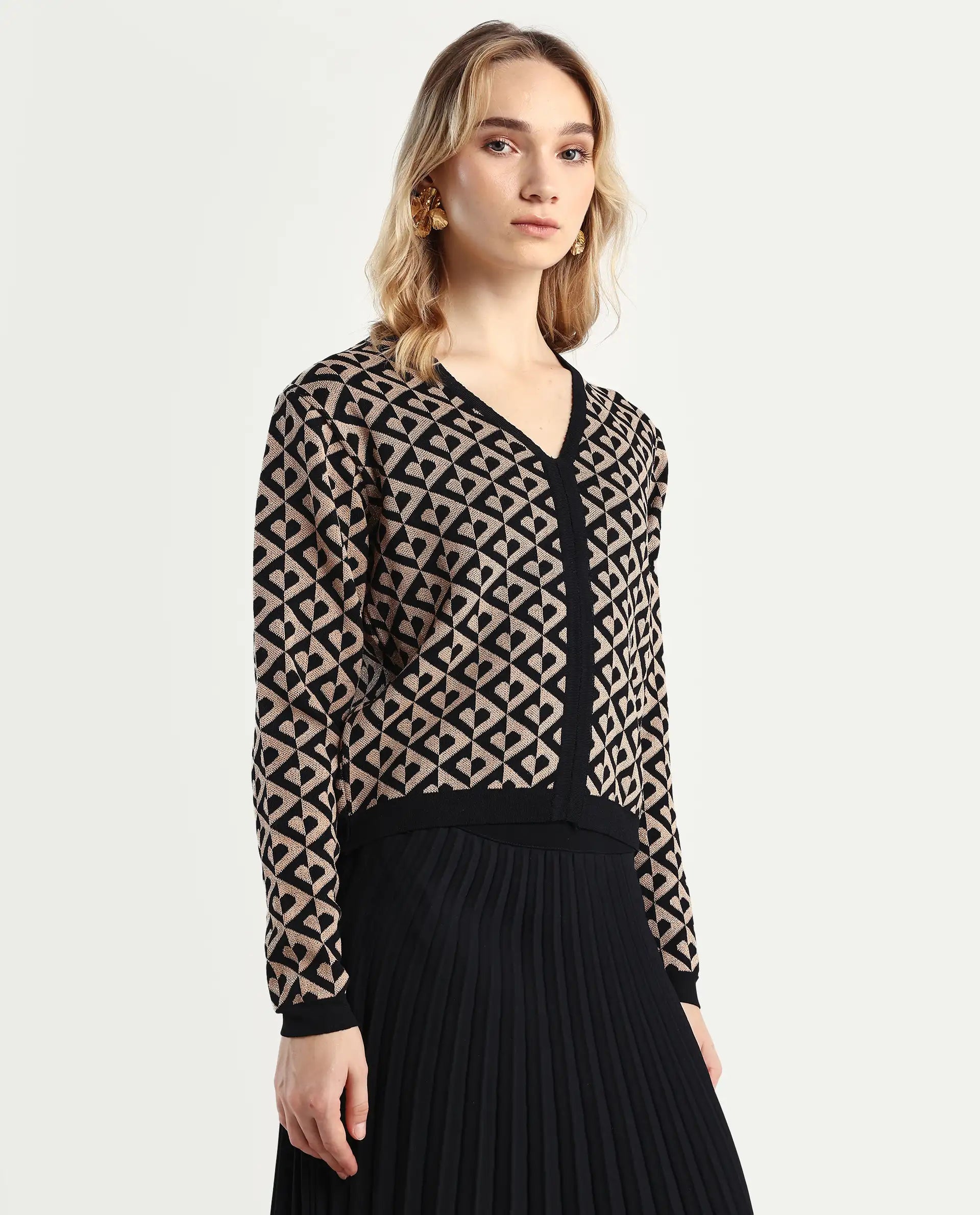 Rareism Women's Dortyol Black Viscose V-Neck Geometric Print Regular Fit Sweater