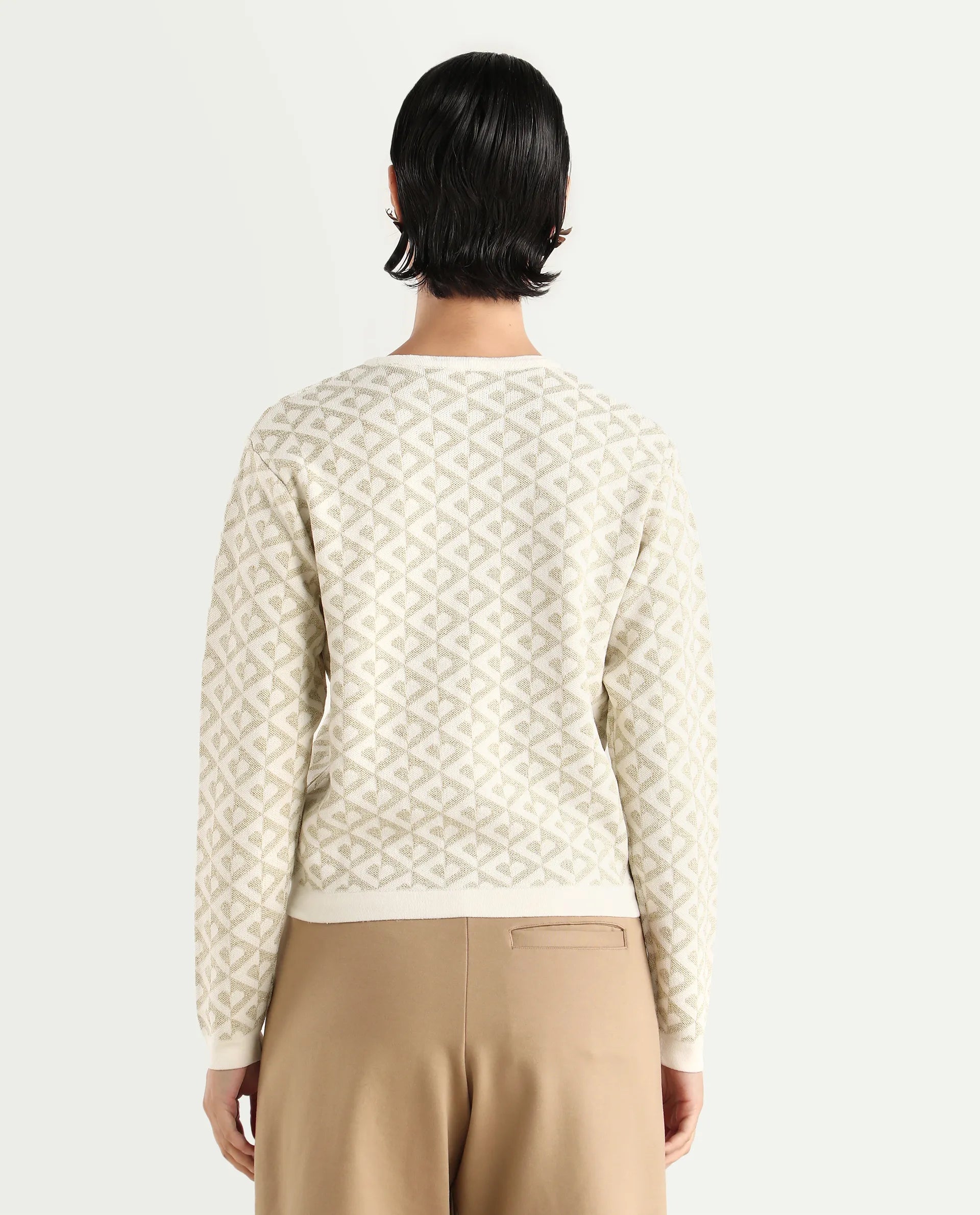 Rareism Women's Dortyol Off White Viscose V-Neck Geometric Print Regular Fit Sweater