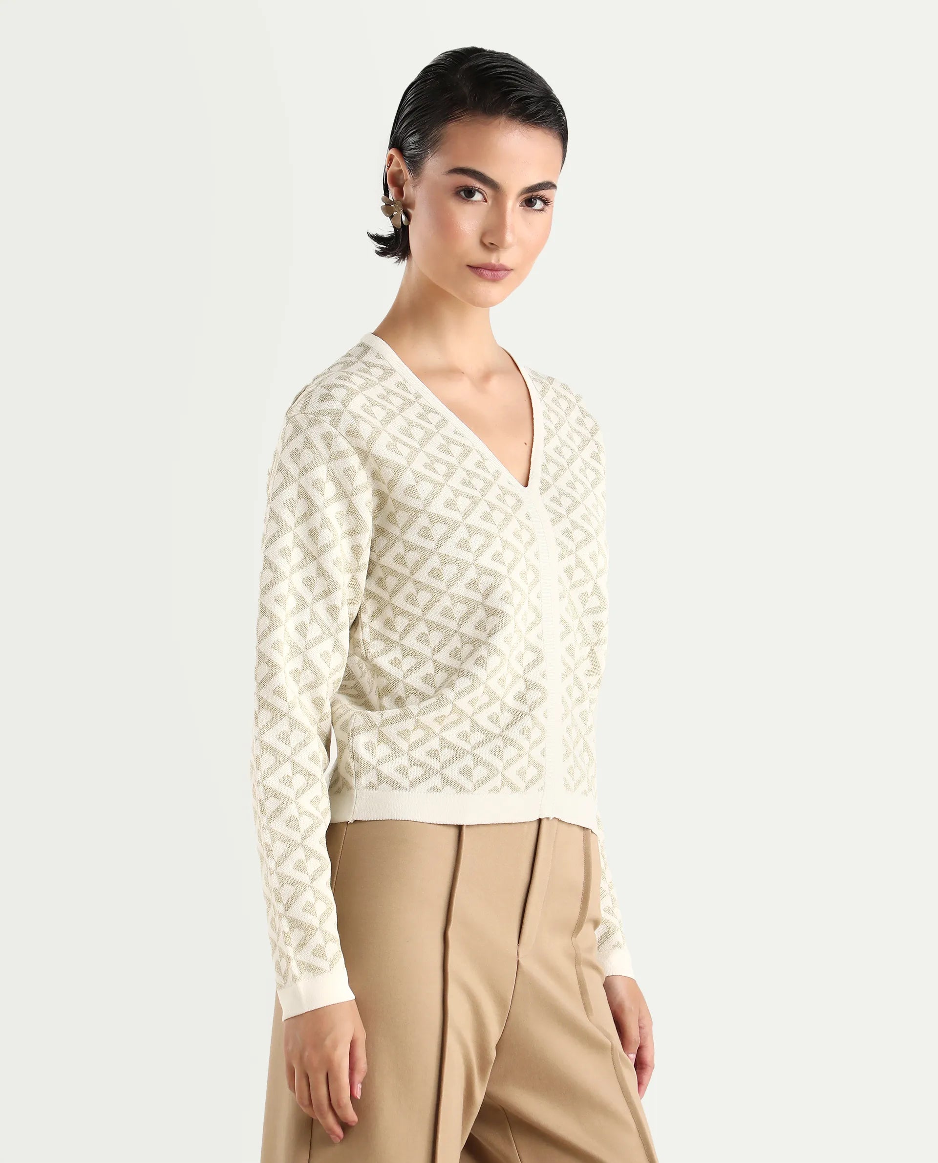 Rareism Women's Dortyol Off White Viscose V-Neck Geometric Print Regular Fit Sweater