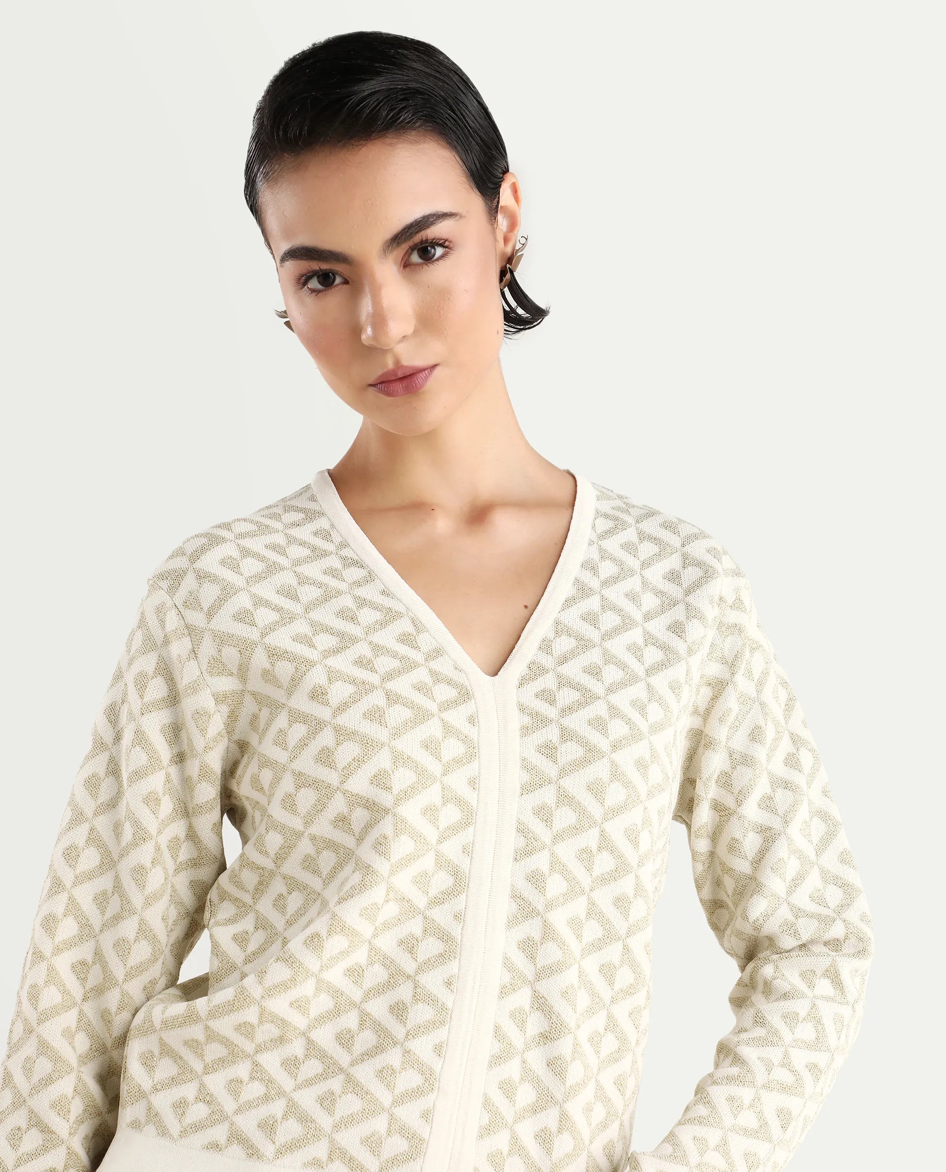 Rareism Women's Dortyol Off White Viscose V-Neck Geometric Print Regular Fit Sweater
