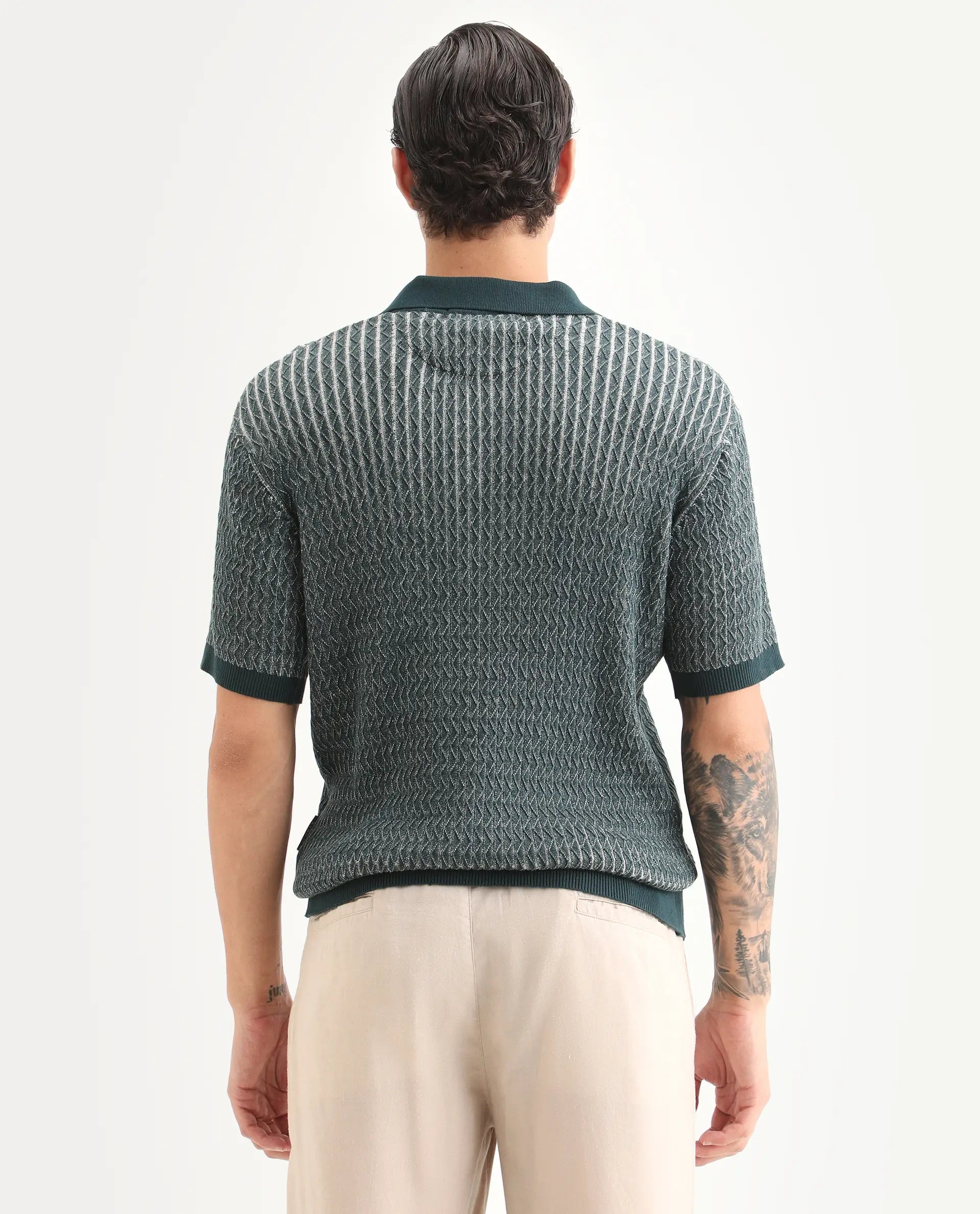 Rare Rabbit Men's Dot Petrol Cotton Fabric Full Sleeve Regular Fit Textured Polo